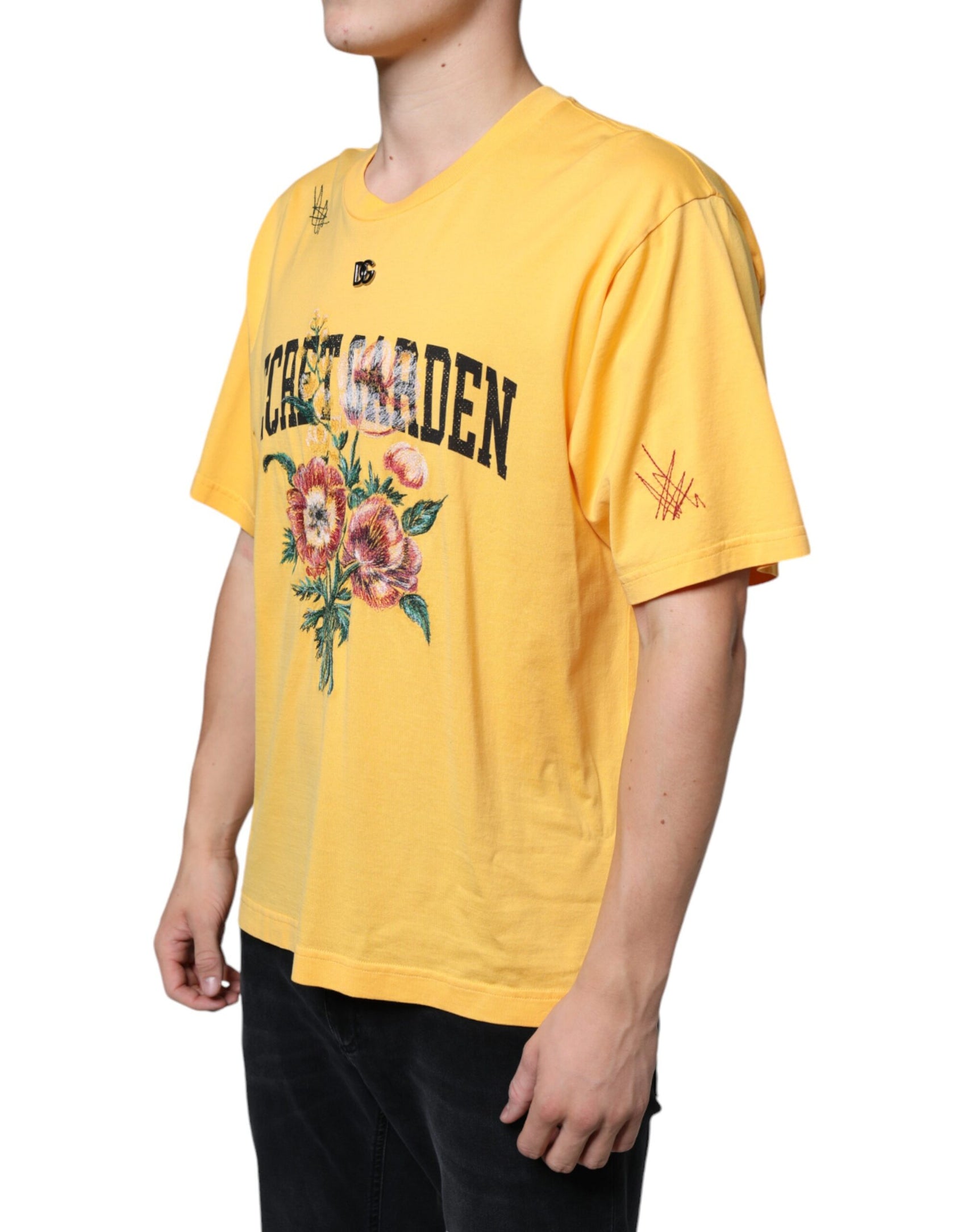 Gelbes T-Shirt mit Rundhalsausschnitt aus Baumwolle mit Blumenmuster „Secret Graden“