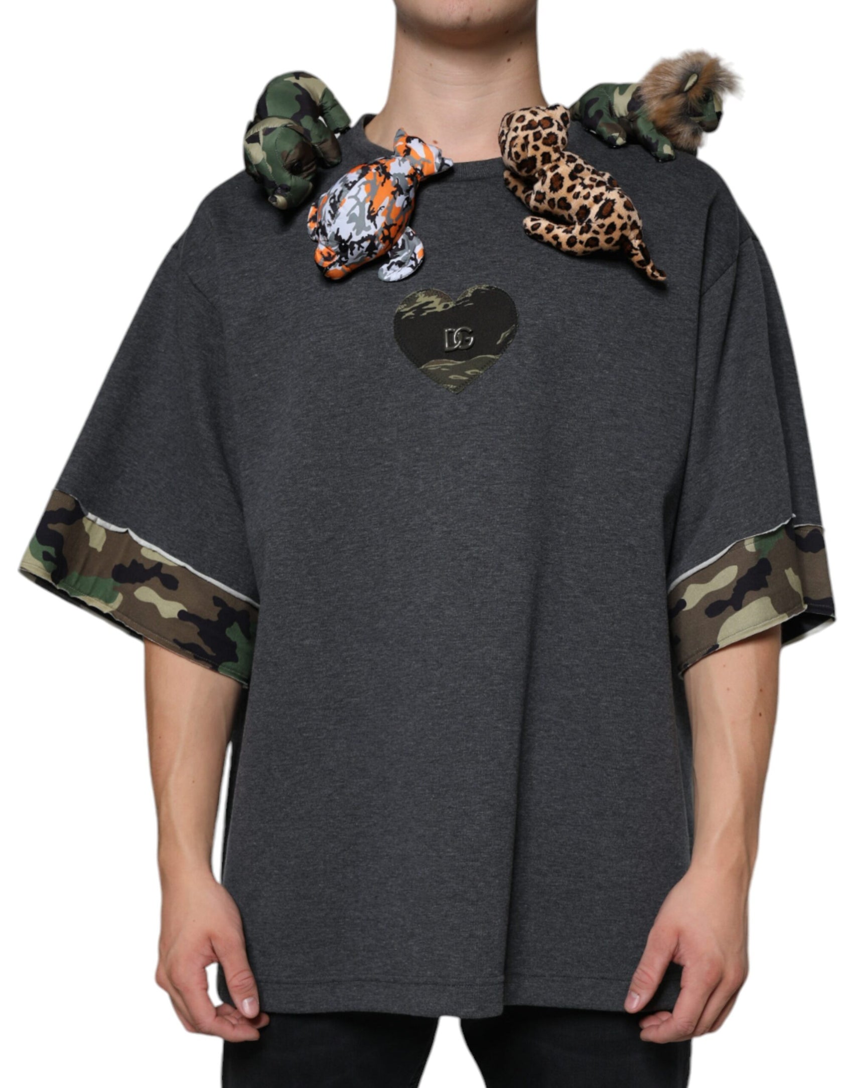 Graues Camouflage-T-Shirt aus Baumwolle mit Tiermotiv