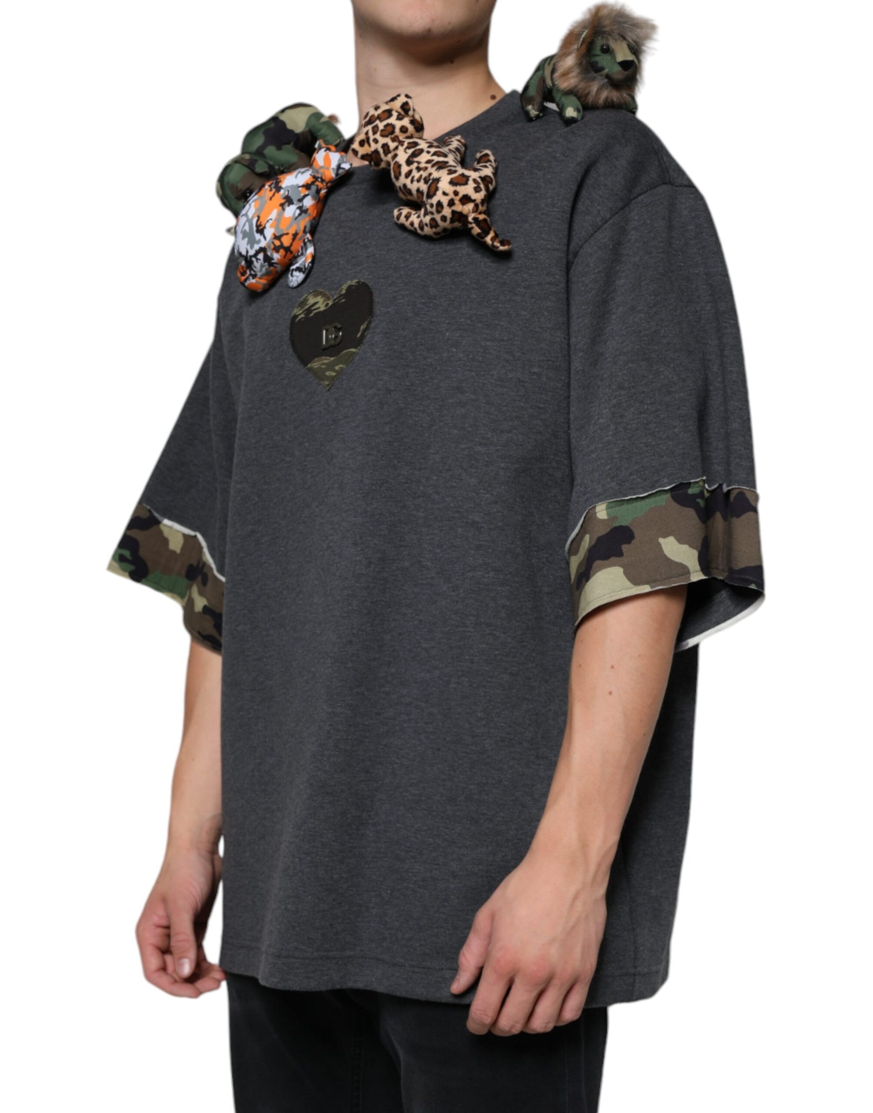 Graues Camouflage-T-Shirt aus Baumwolle mit Tiermotiv