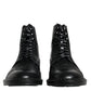 Black Leather Lace Up Mid Calf Boots Shoes