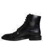 Black Leather Lace Up Mid Calf Boots Shoes