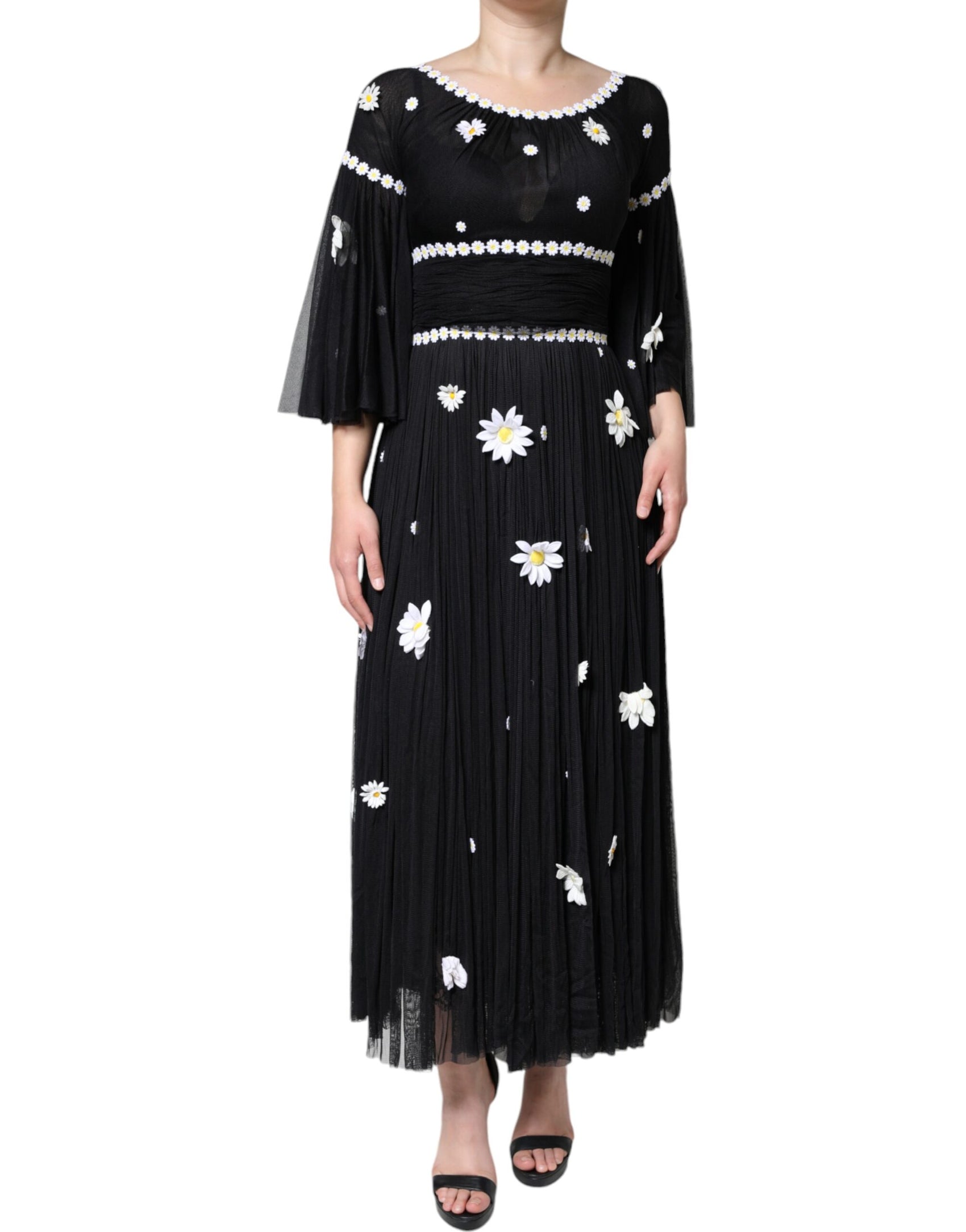 Schwarzes langes Maxikleid aus Seide mit Gänseblümchenmuster in A-Linie
