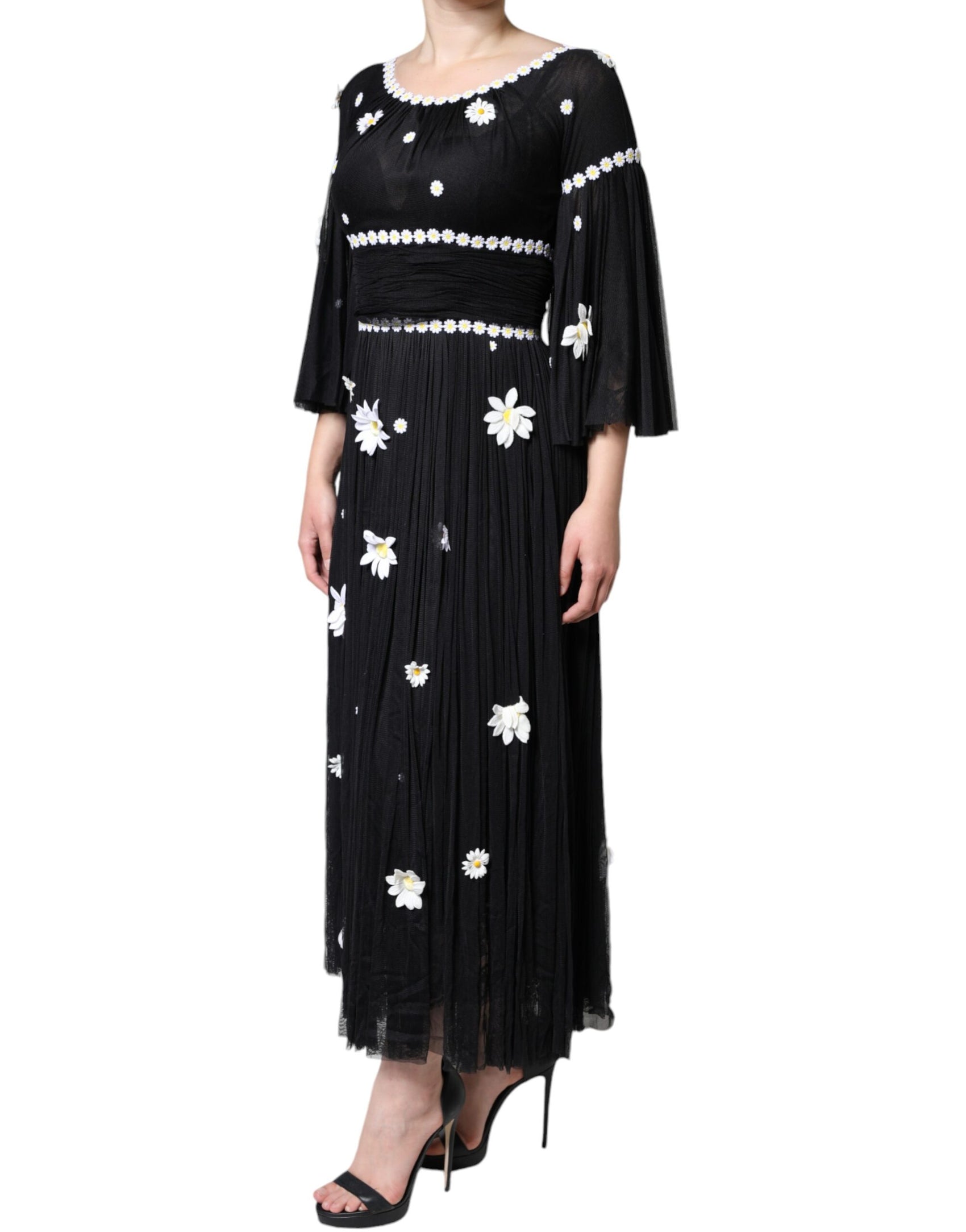 Schwarzes langes Maxikleid aus Seide mit Gänseblümchenmuster in A-Linie