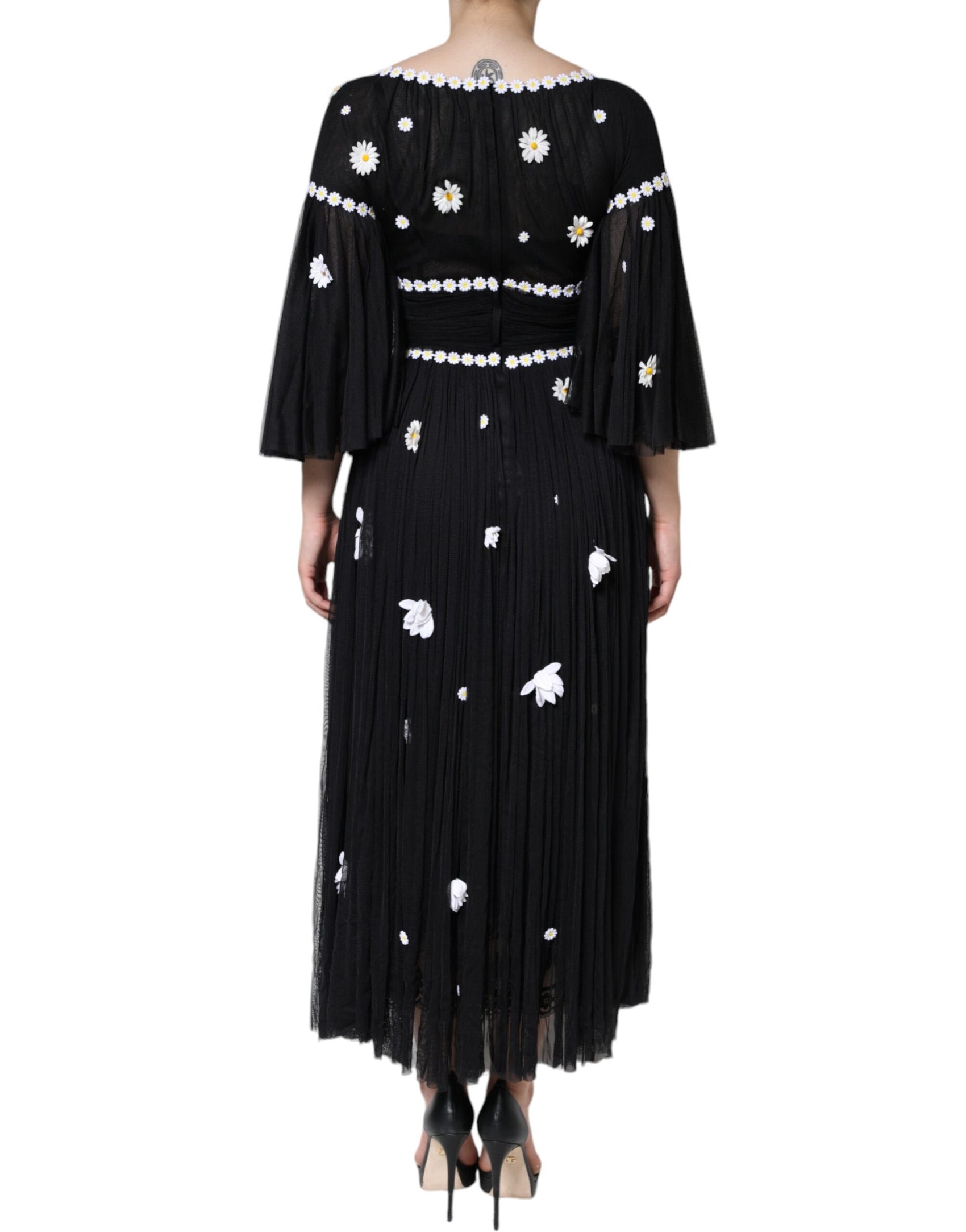 Schwarzes langes Maxikleid aus Seide mit Gänseblümchenmuster in A-Linie