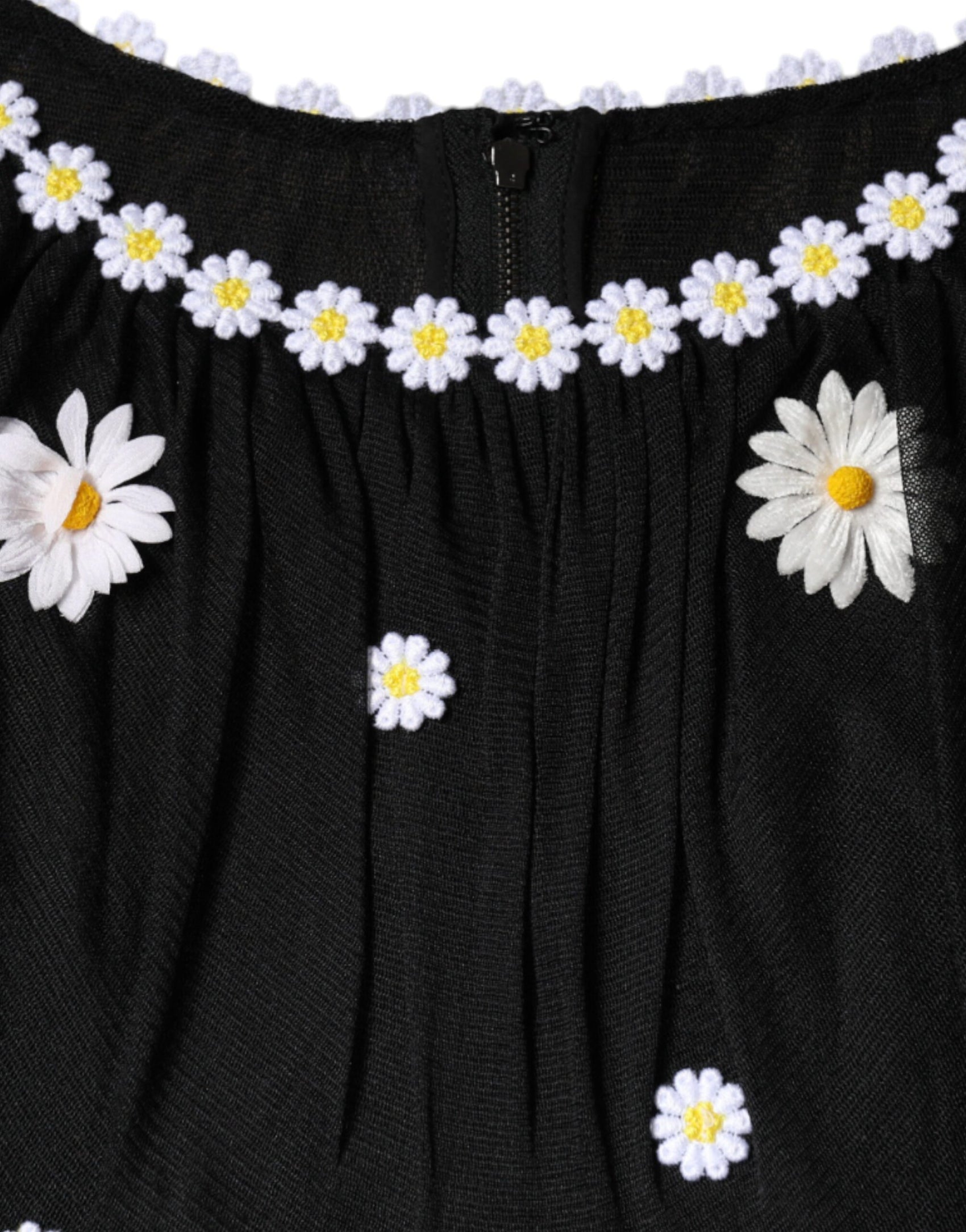 Schwarzes langes Maxikleid aus Seide mit Gänseblümchenmuster in A-Linie