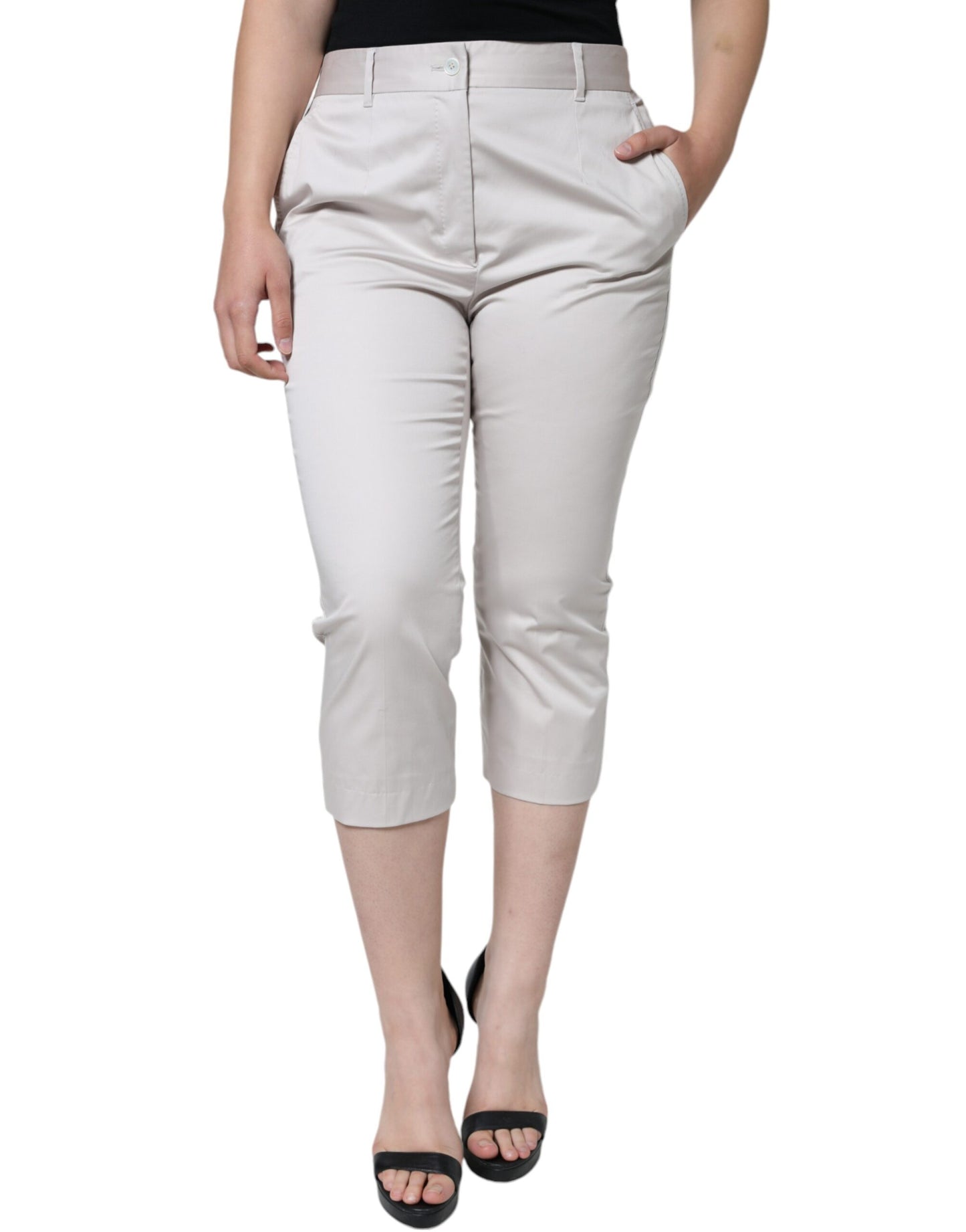 Pantaloni skinny corti a vita media in cotone bianco