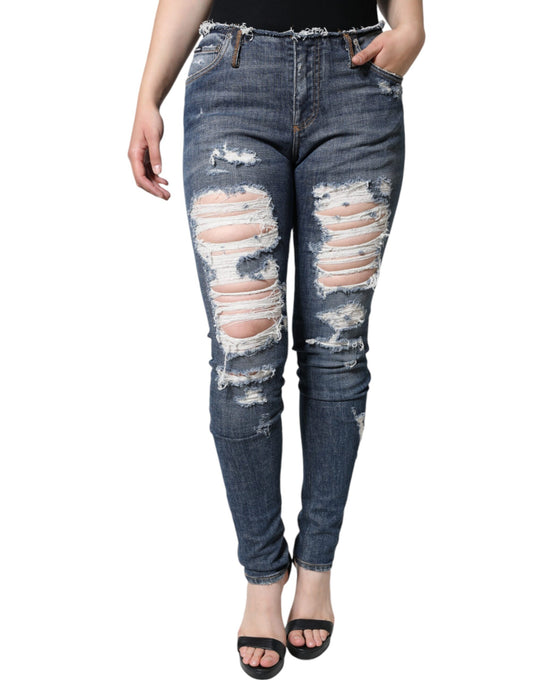 Jeans aderenti strappati in cotone elasticizzato blu