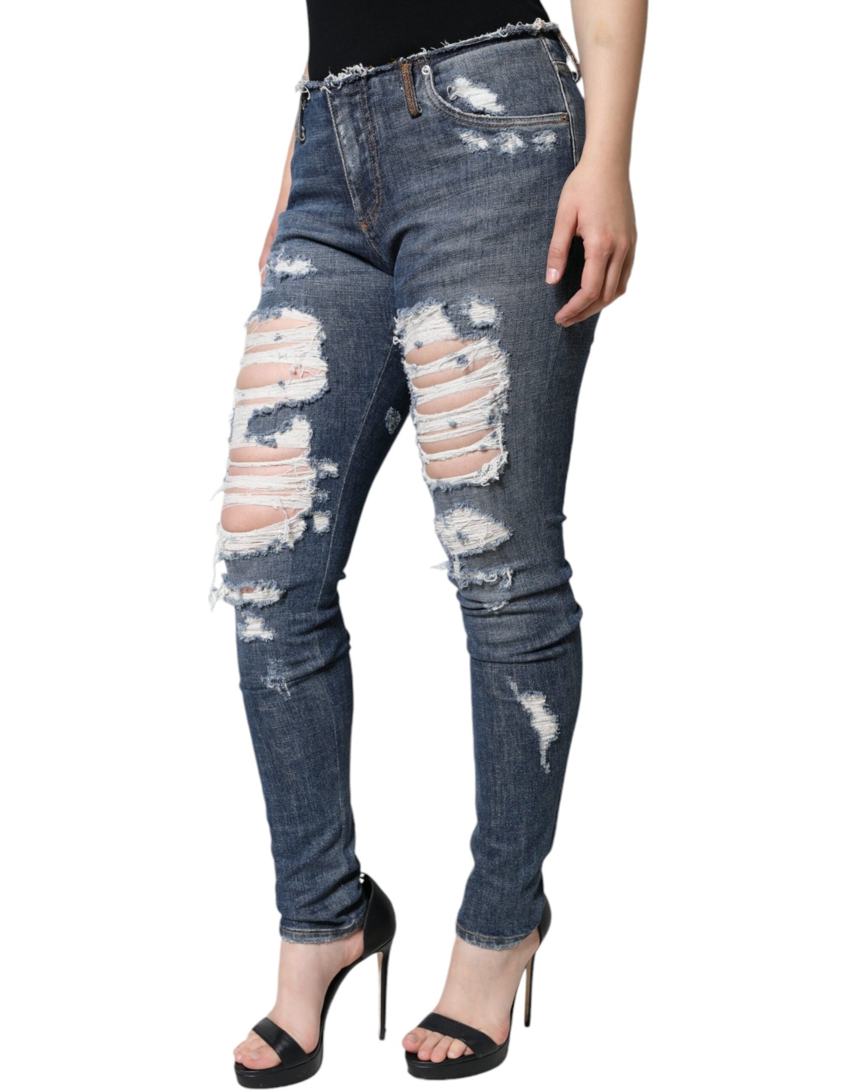 Blaue Skinny Jeans aus zerfetztem Baumwollstretch