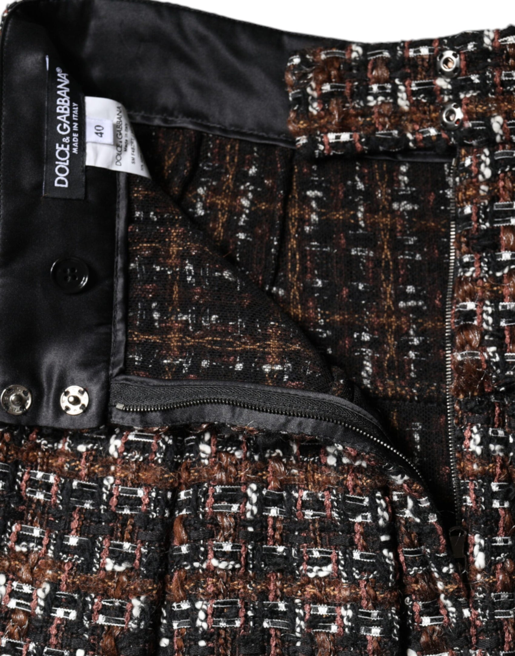 Gonna corta a trapezio in tweed tartan multicolore a vita alta