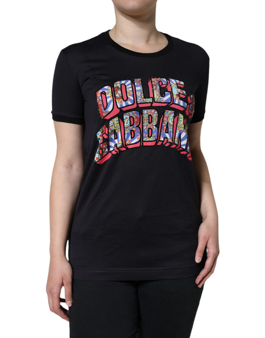 T-shirt girocollo con stampa logo in cotone nero