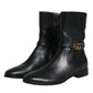 Black Leather Logo Mid Calf Boots Shoes