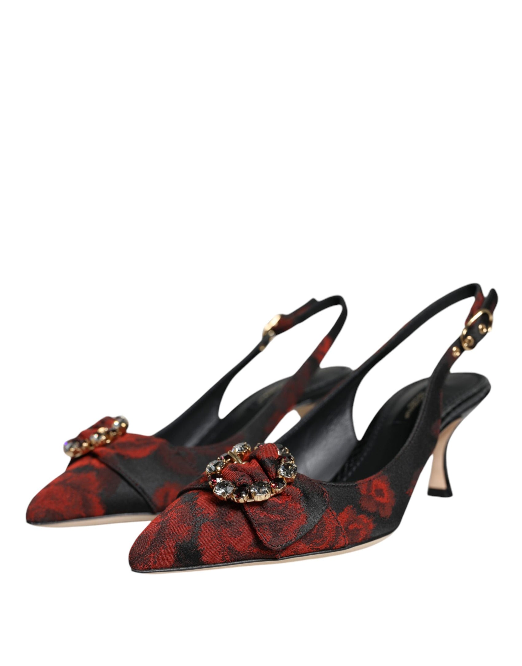 Schwarz-rote Slingback-Schuhe mit Blumenmuster und Kristallabsatz