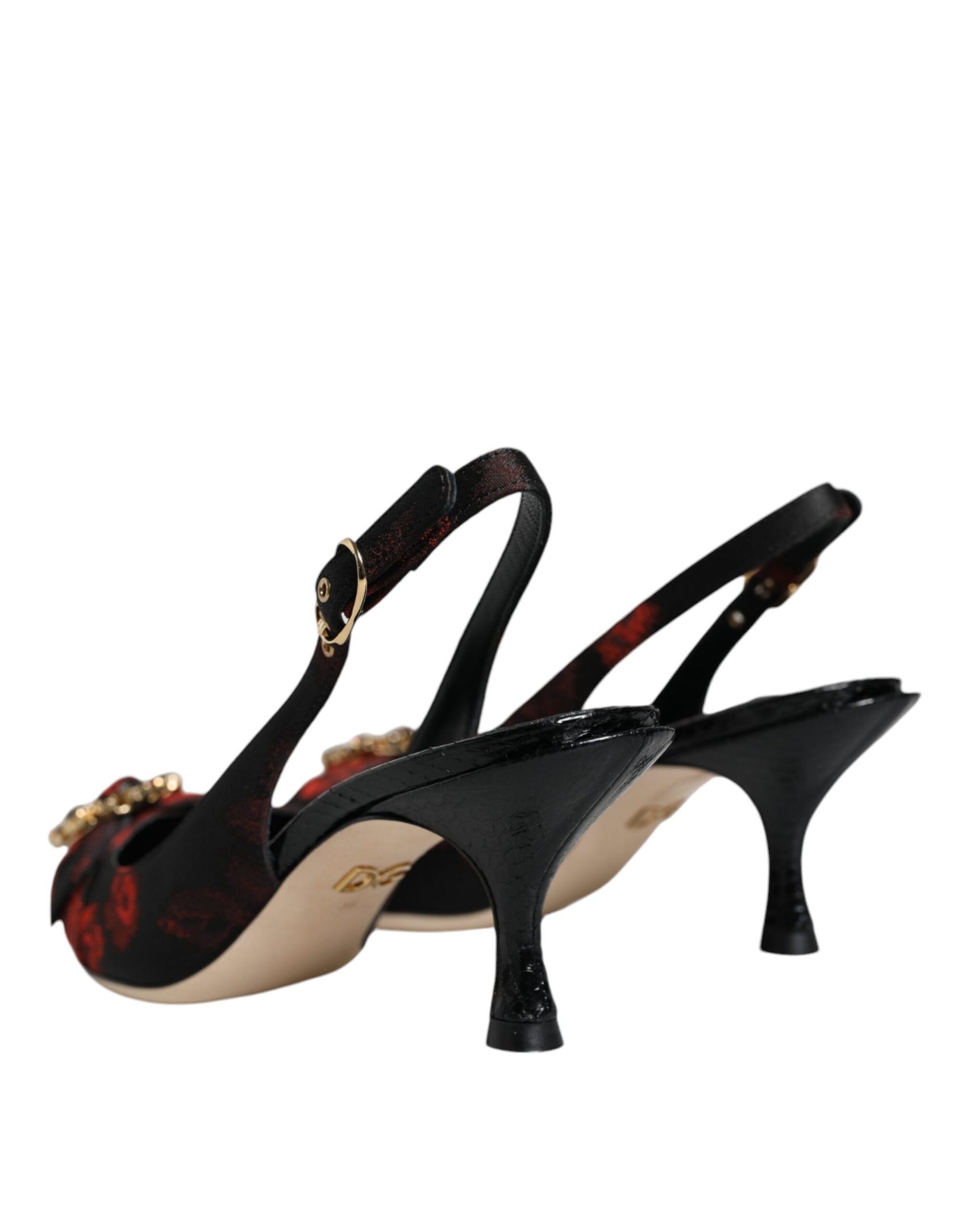 Schwarz-rote Slingback-Schuhe mit Blumenmuster und Kristallabsatz
