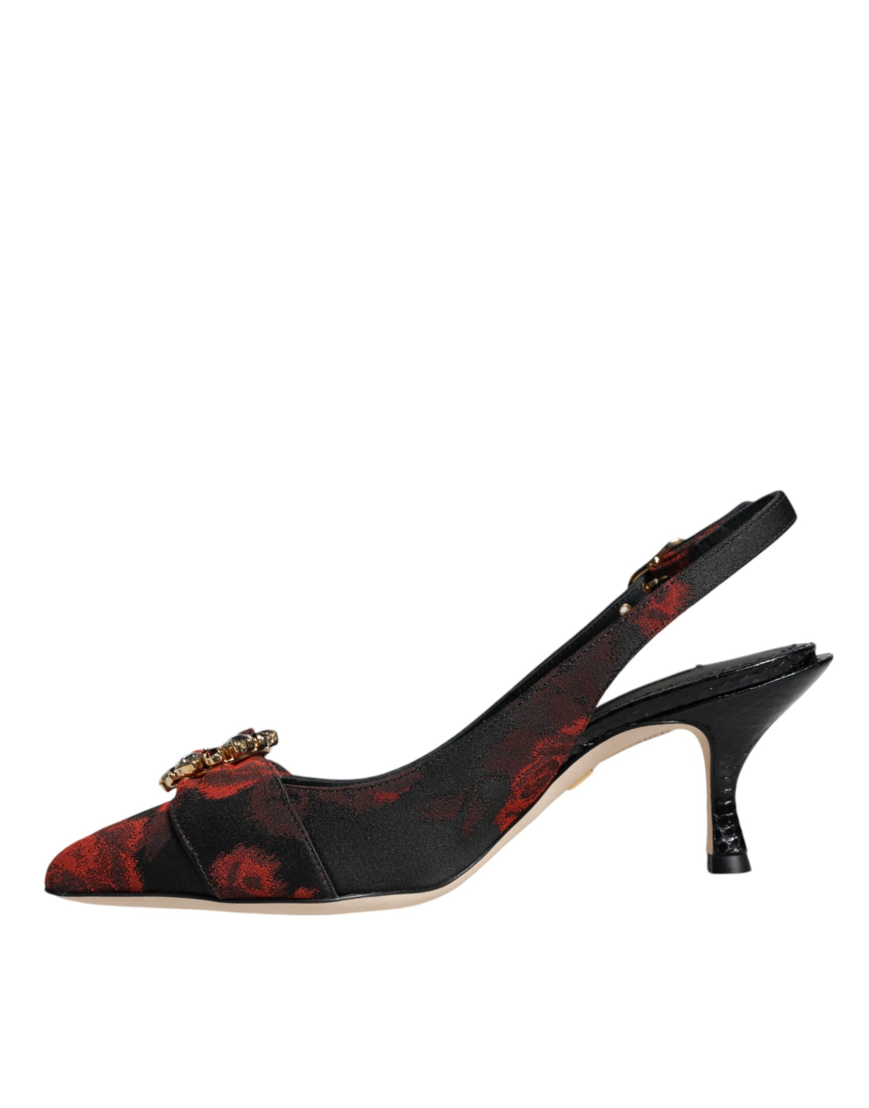 Schwarz-rote Slingback-Schuhe mit Blumenmuster und Kristallabsatz
