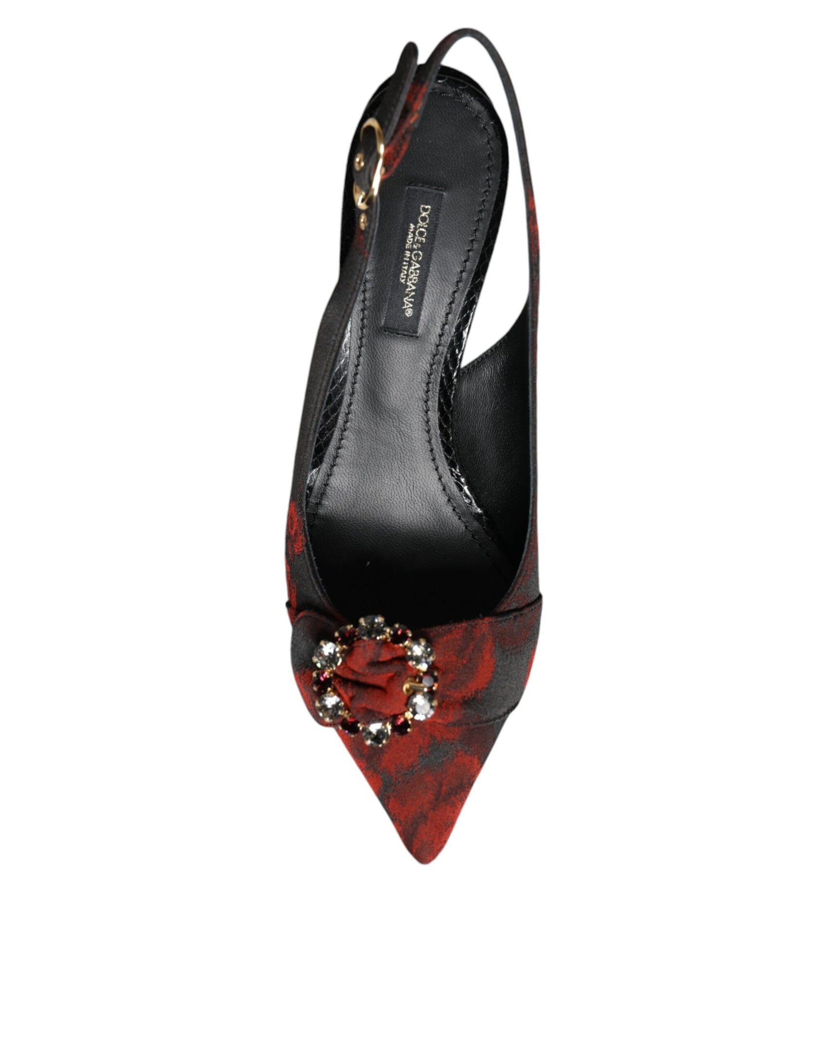 Schwarz-rote Slingback-Schuhe mit Blumenmuster und Kristallabsatz