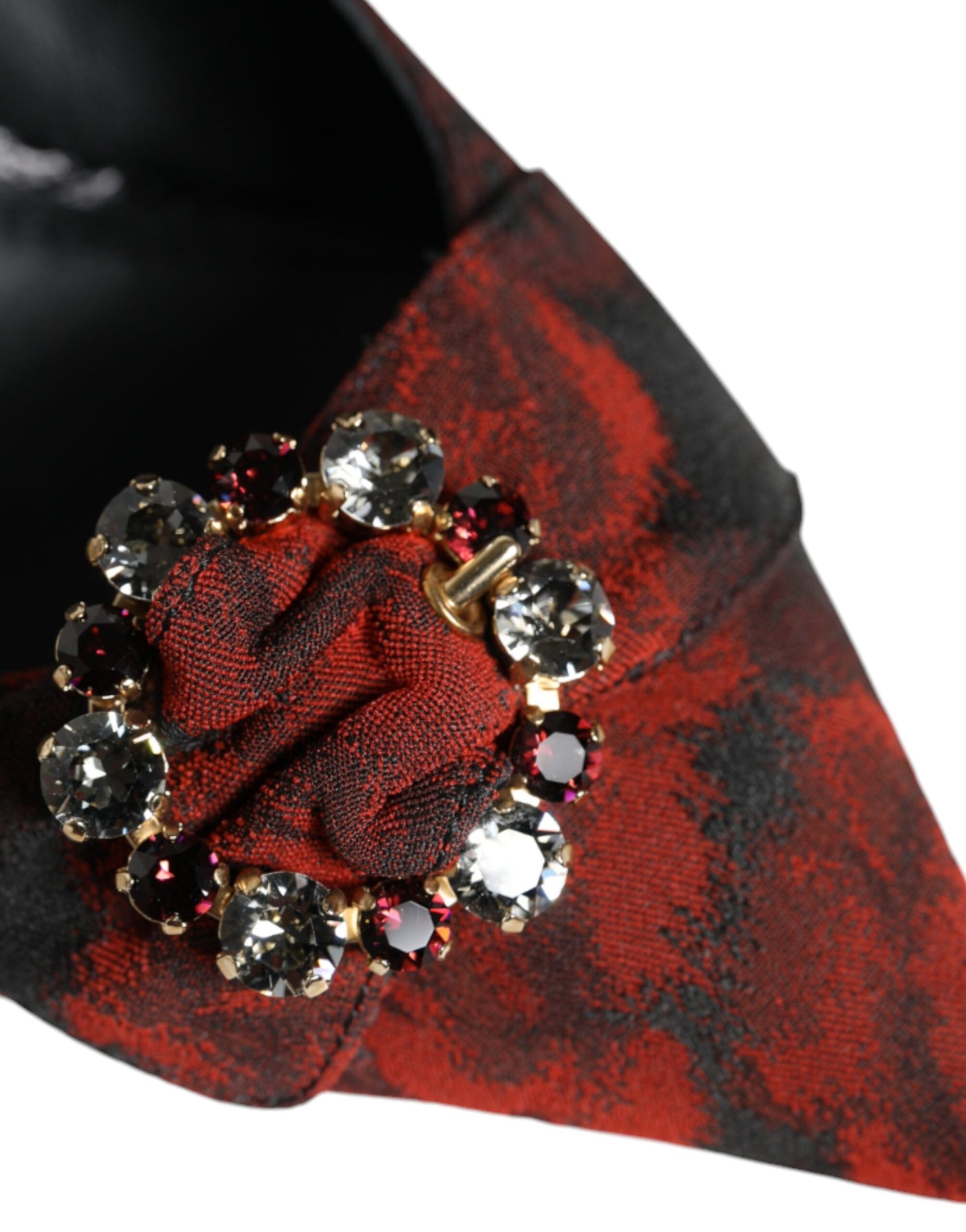 Schwarz-rote Slingback-Schuhe mit Blumenmuster und Kristallabsatz