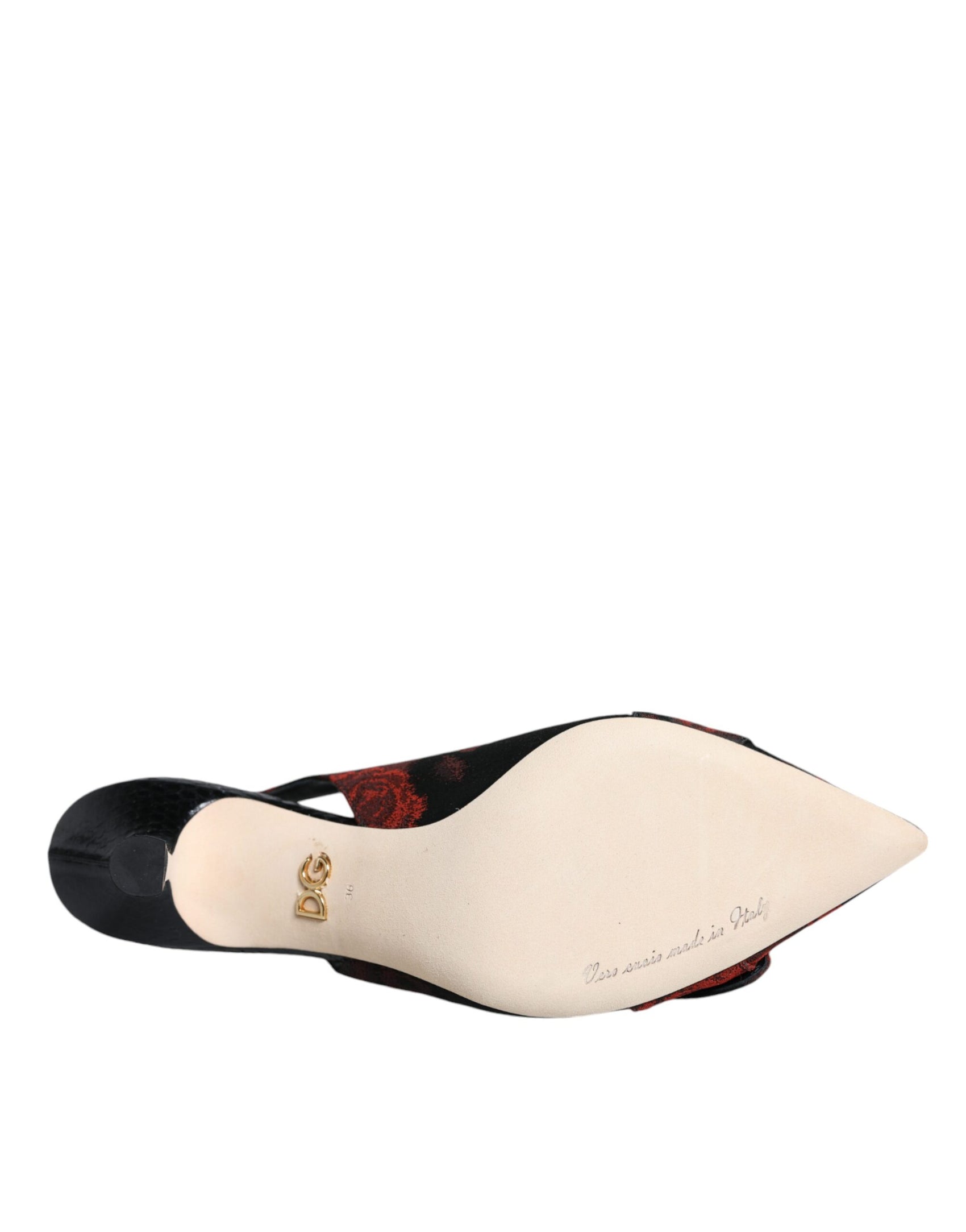 Schwarz-rote Slingback-Schuhe mit Blumenmuster und Kristallabsatz