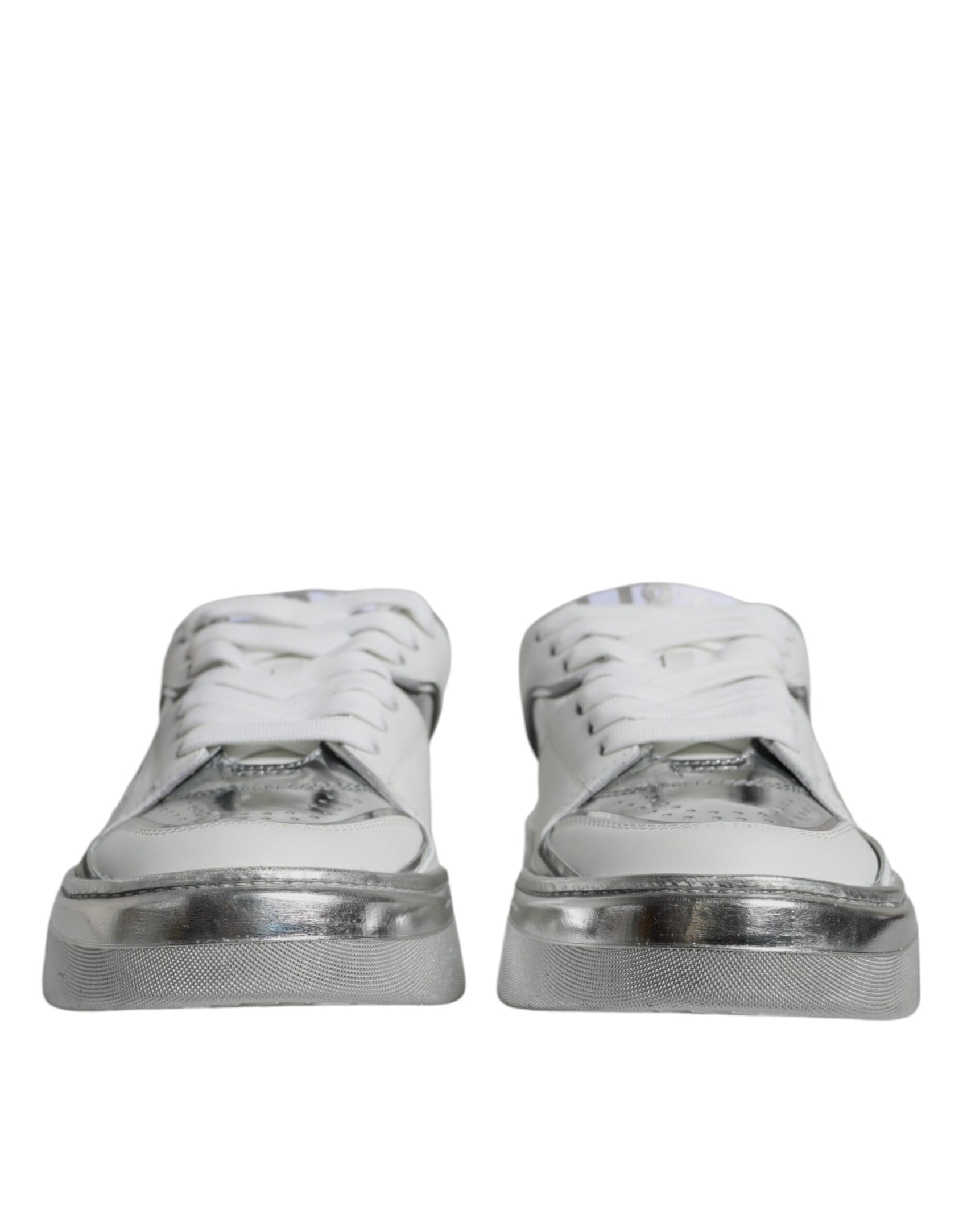 Weiße silberne Leder Low Top Sneakers Schuhe