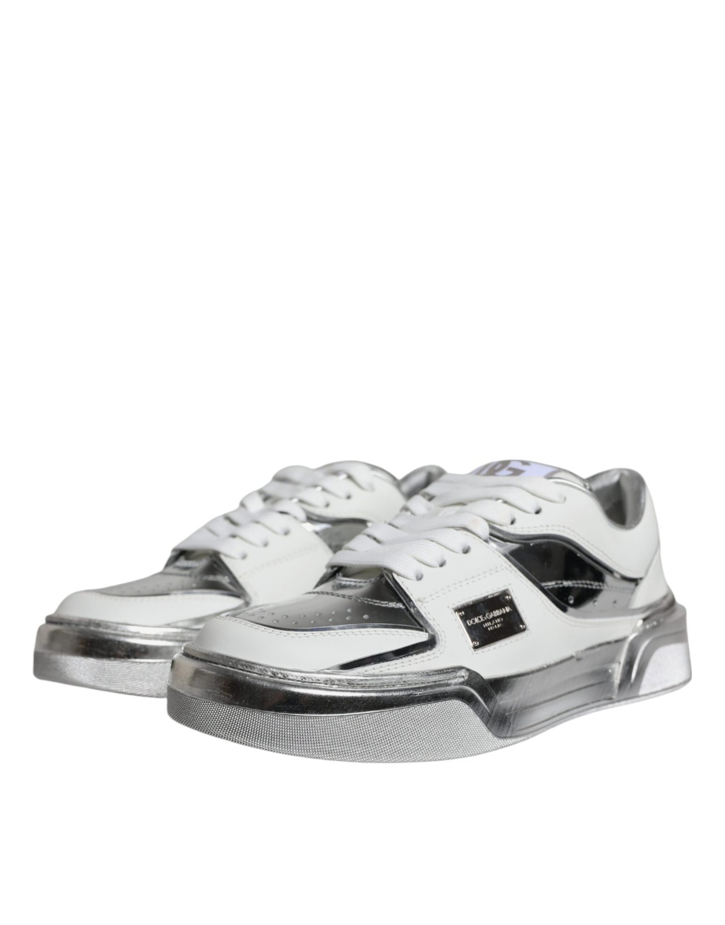Scarpe da ginnastica basse in pelle bianca e argento