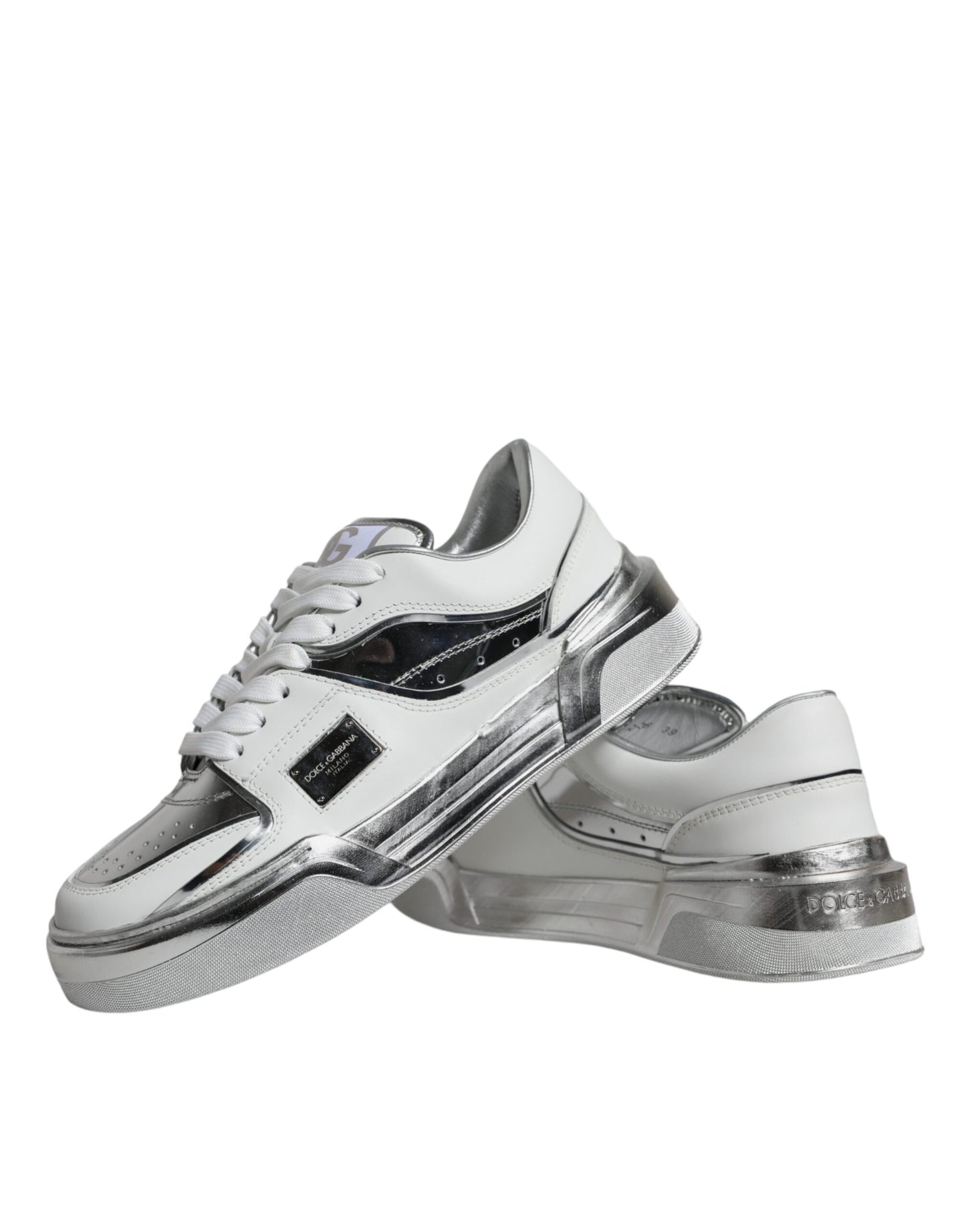 Scarpe da ginnastica basse in pelle bianca e argento