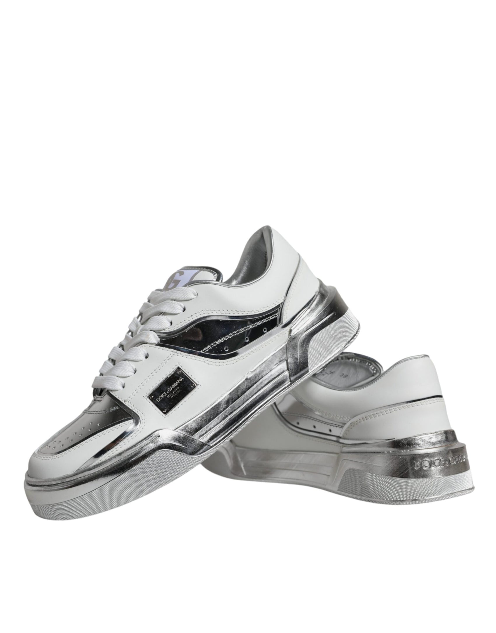 Weiße silberne Leder Low Top Sneakers Schuhe