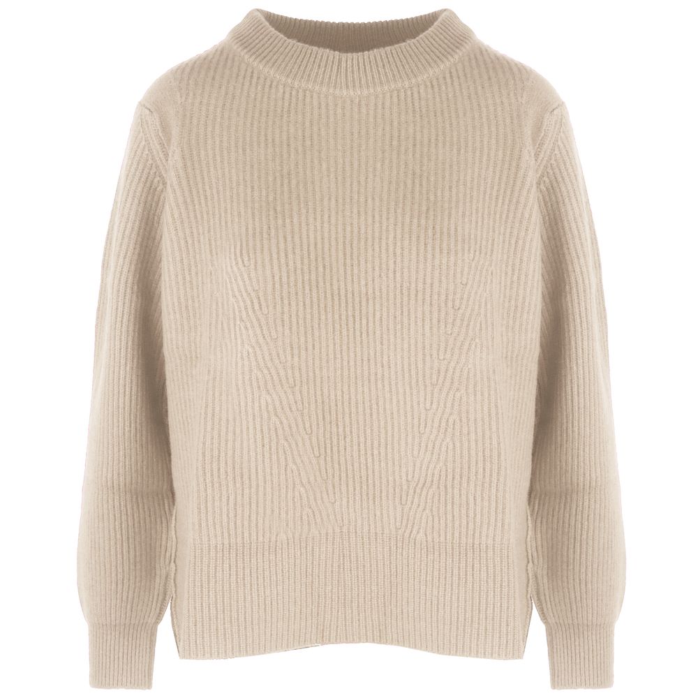 Beige Cashmere Women Sweater with Side Slit and Ribbed Detail