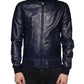 Blue Lambskin Leather Full Zip Biker Jacket