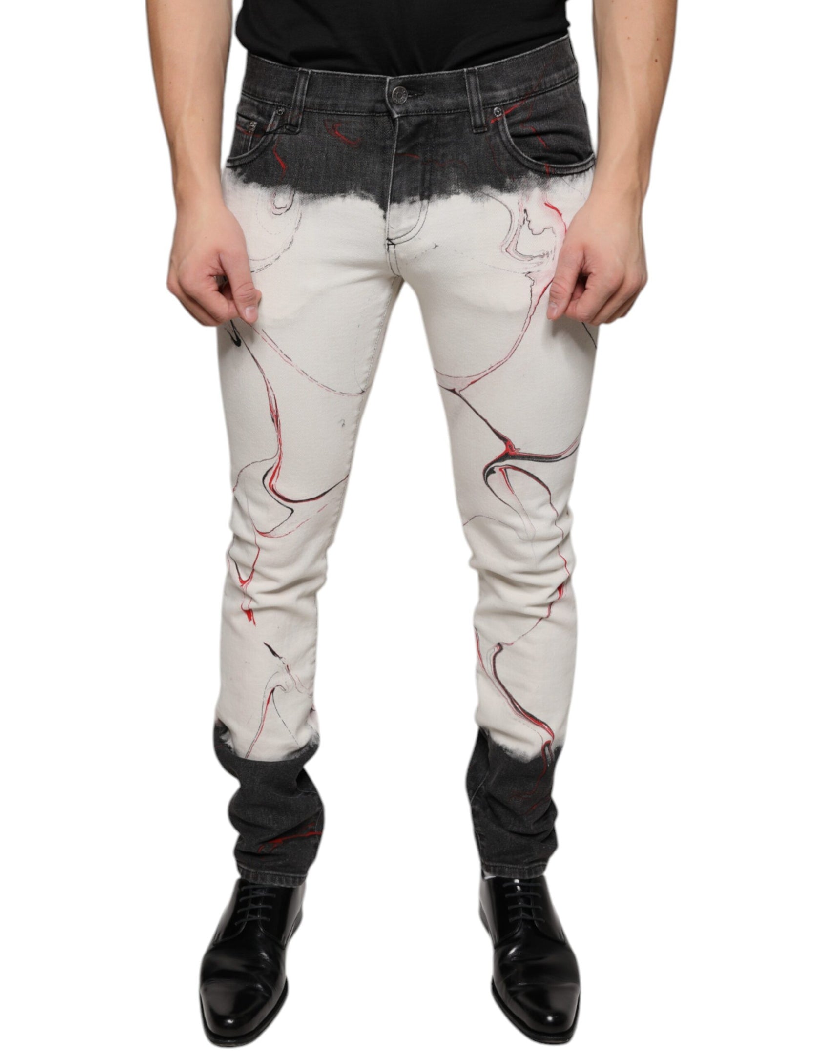 Schwarz-weiß bedruckte Skinny-Jeans für Herren