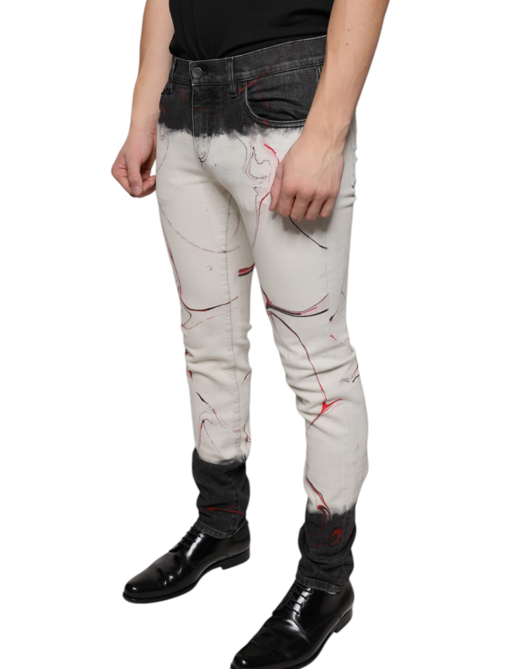 Schwarz-weiß bedruckte Skinny-Jeans für Herren