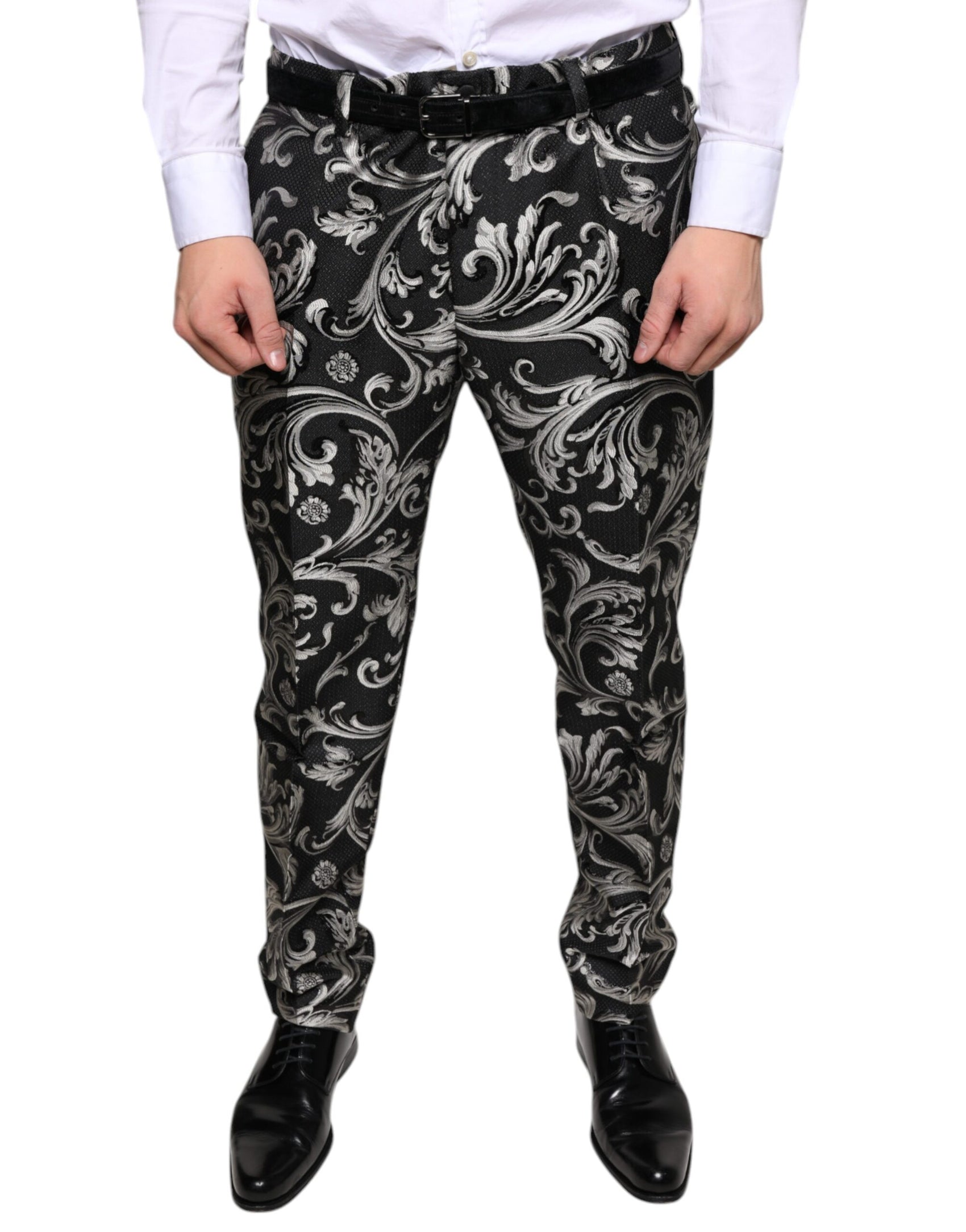 Schwarze, enge Anzughose aus Jacquard