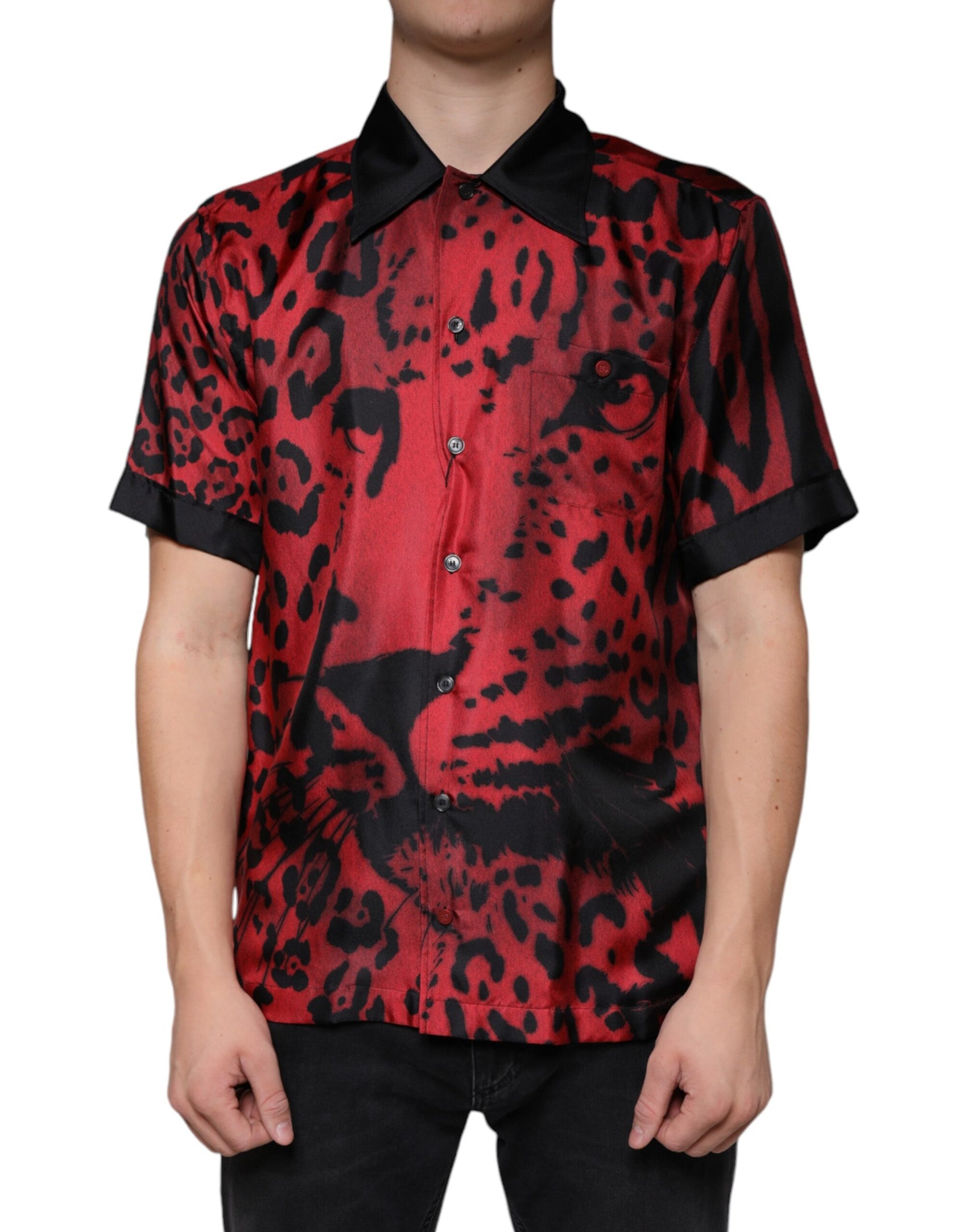 Rotes Button-Down-Freizeithemd aus Seide mit Leopardenmuster