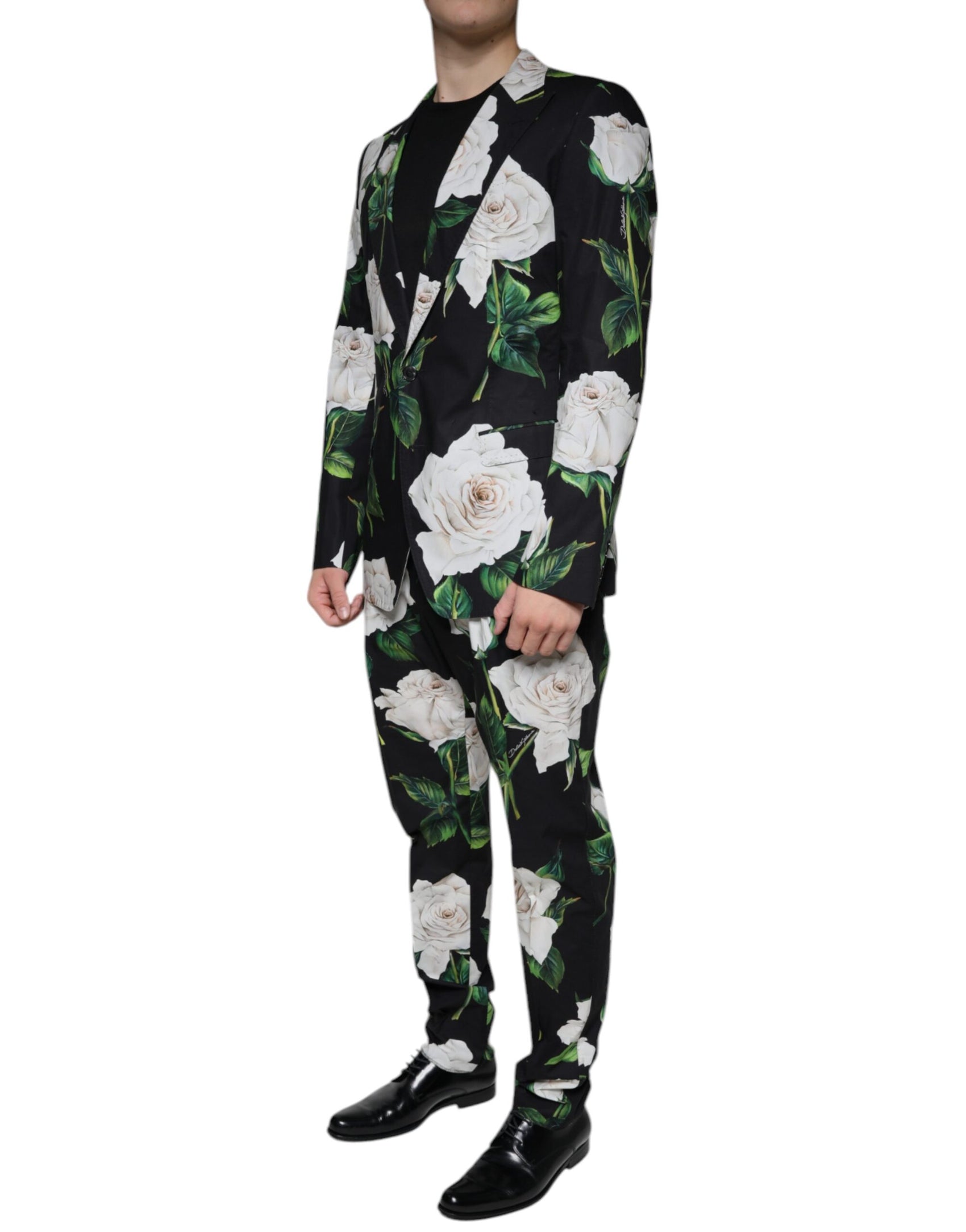 Schwarzer formeller 2-teiliger Anzug aus Baumwolle mit Rosenmotiv für Herren