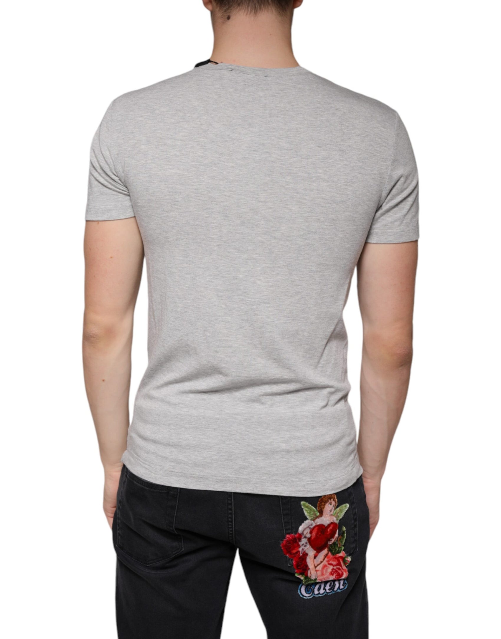 Graues T-Shirt mit Rundhalsausschnitt und kurzen Ärmeln und Logo-Print