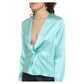 Green Silk Women Blouse with Deep V-Neck and Cuff Sleeves