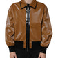 Brown Leather Full Zip Men Bomber Jacket