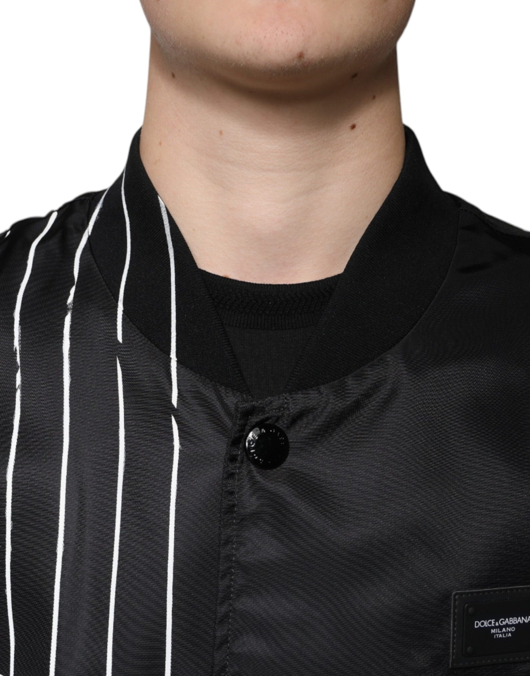 Schwarze Nylon-Bomberjacke mit Polka Dot-Streifen