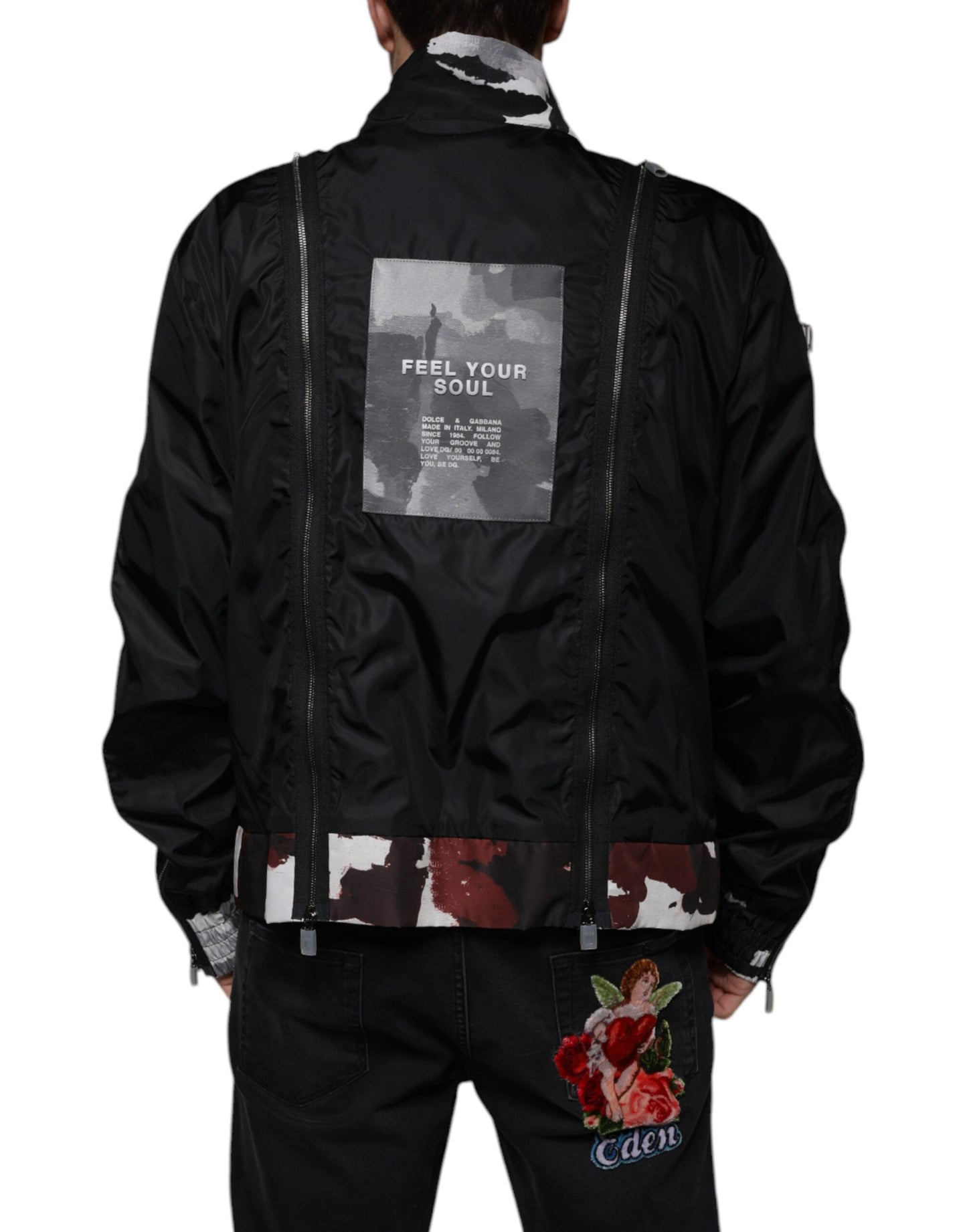 Black Nylon Full Zip Men Bomber Jacket