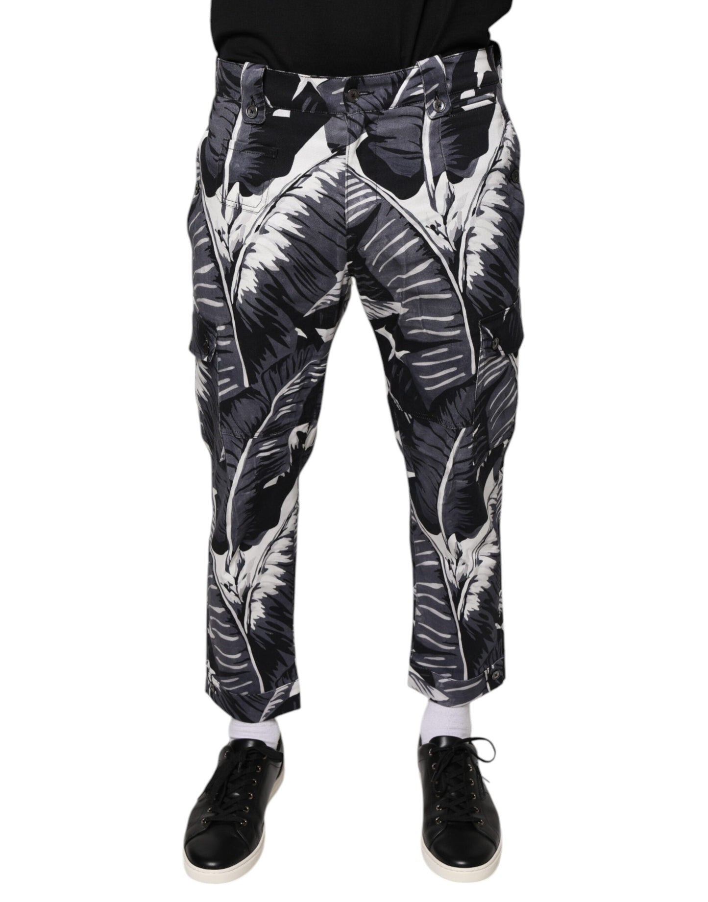 Graue Caprihose aus Baumwollstretch mit Bananenblattmuster