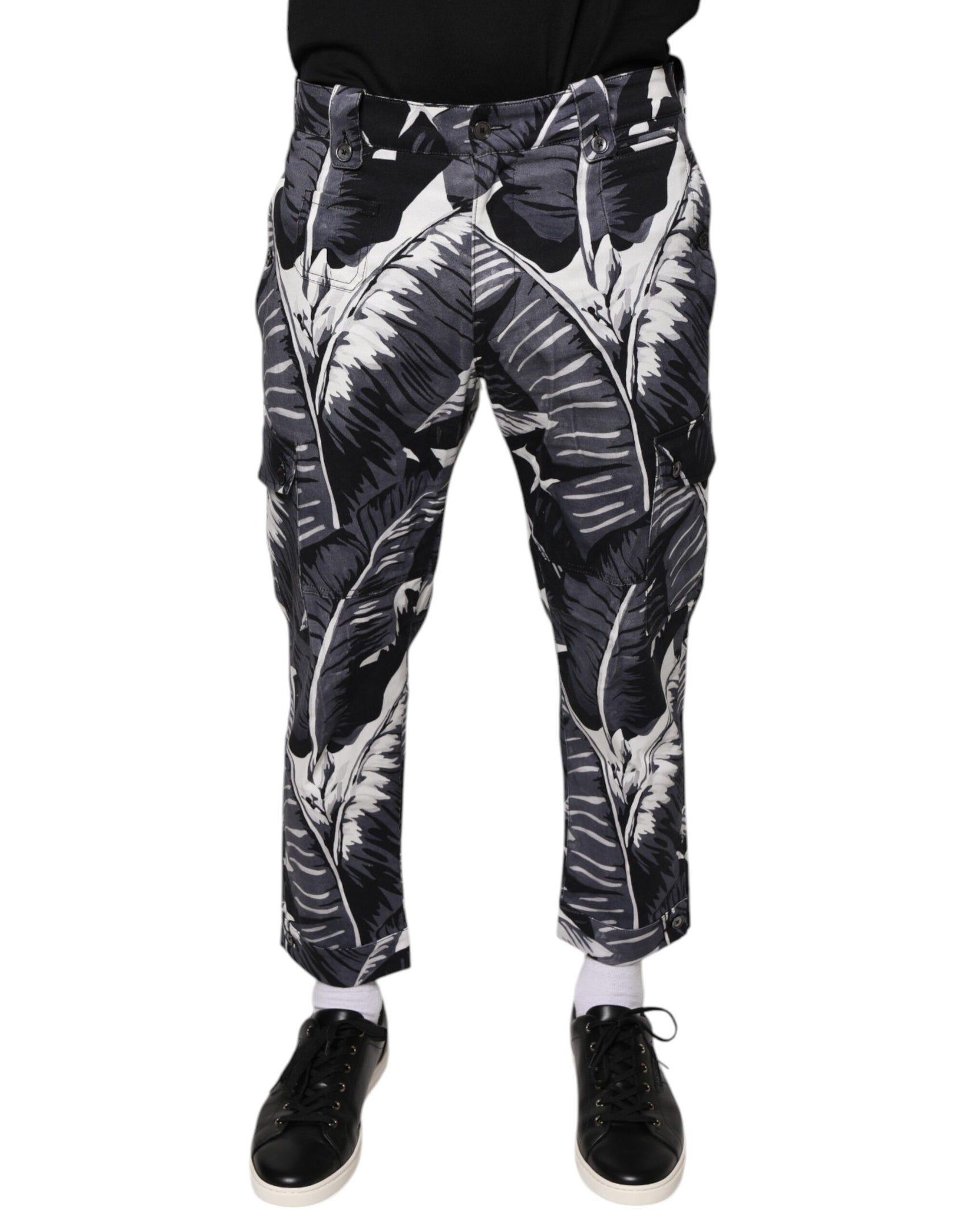 Graue Caprihose aus Baumwollstretch mit Bananenblattmuster
