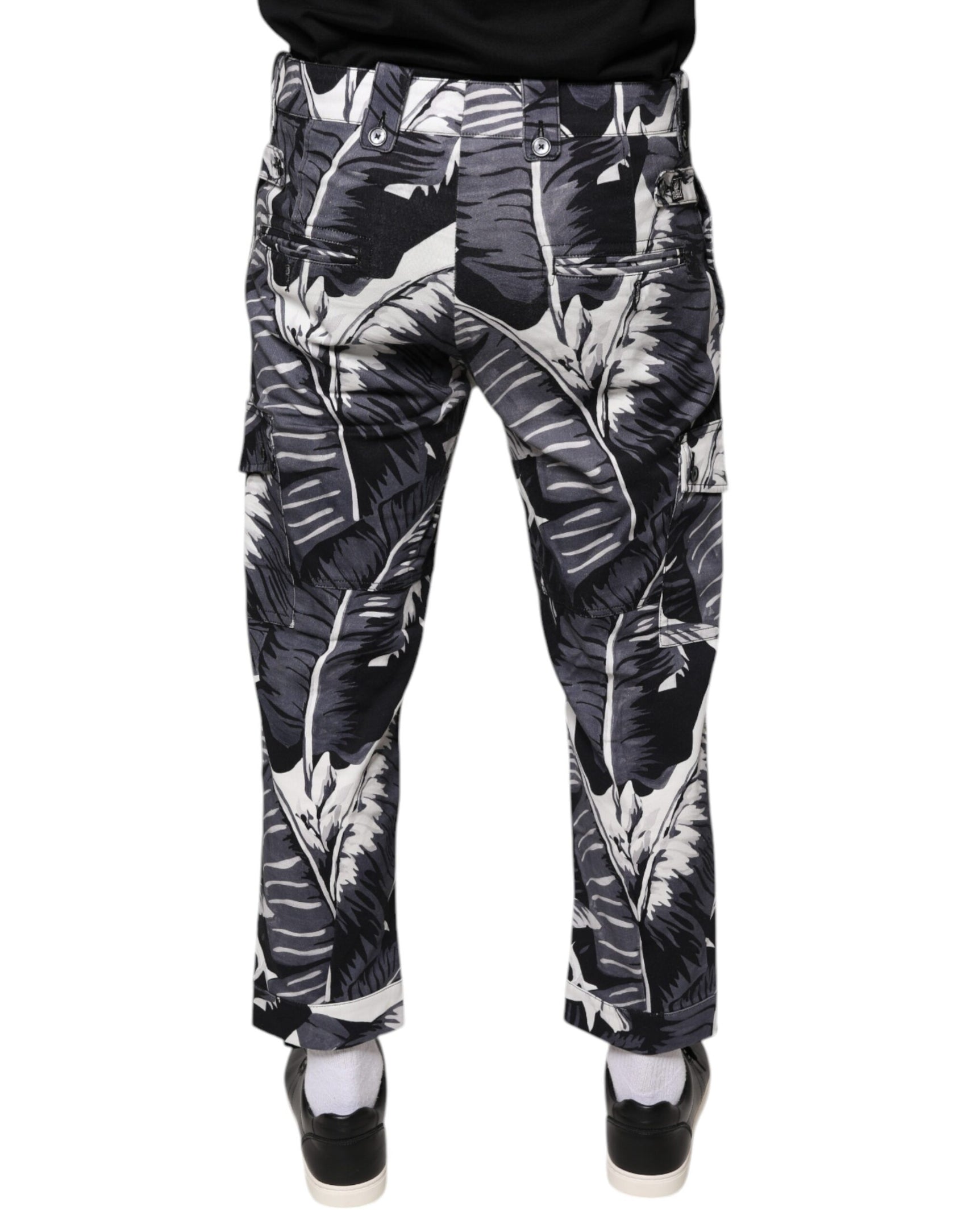 Graue Caprihose aus Baumwollstretch mit Bananenblattmuster