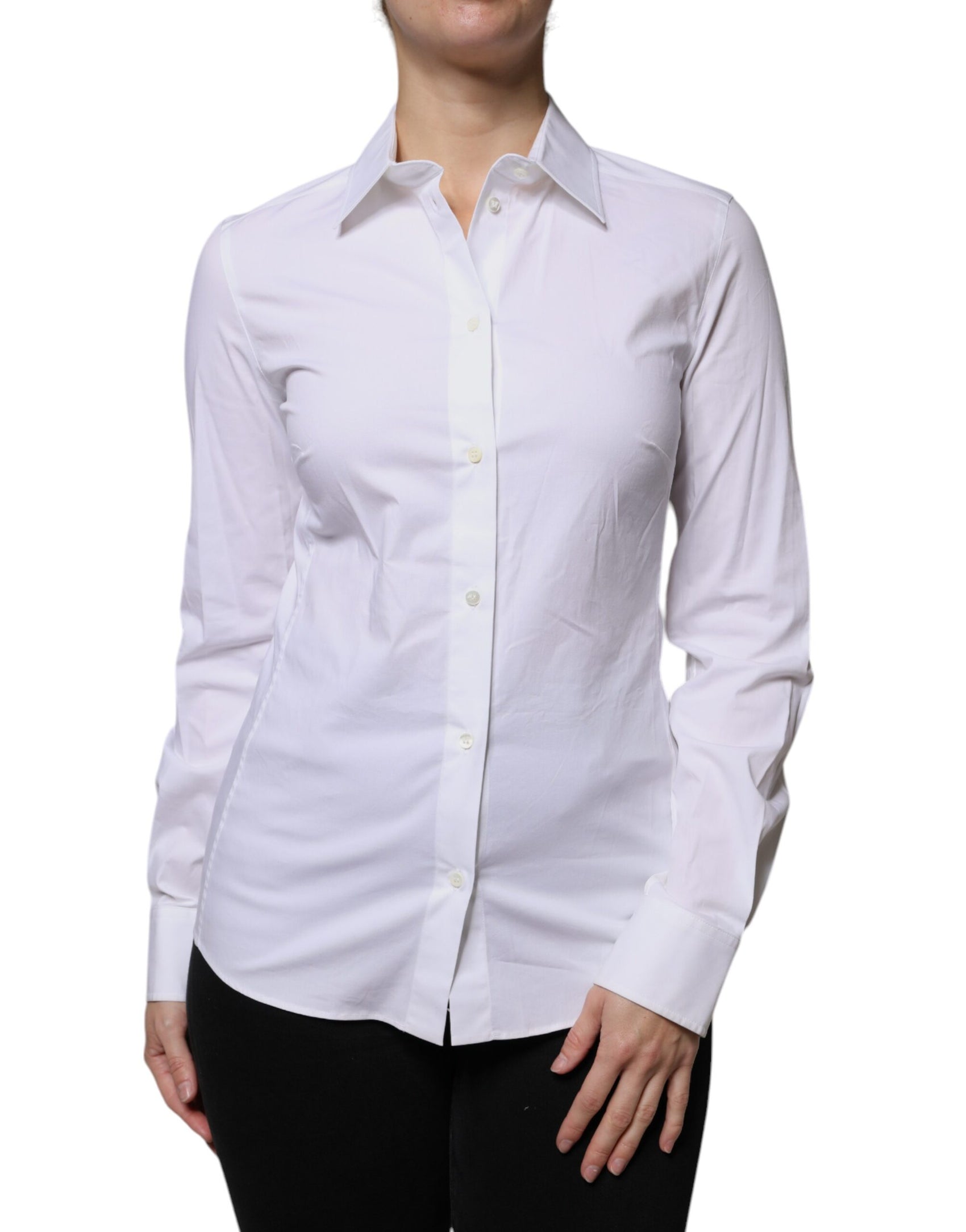 Top camicia a maniche lunghe con colletto in cotone bianco