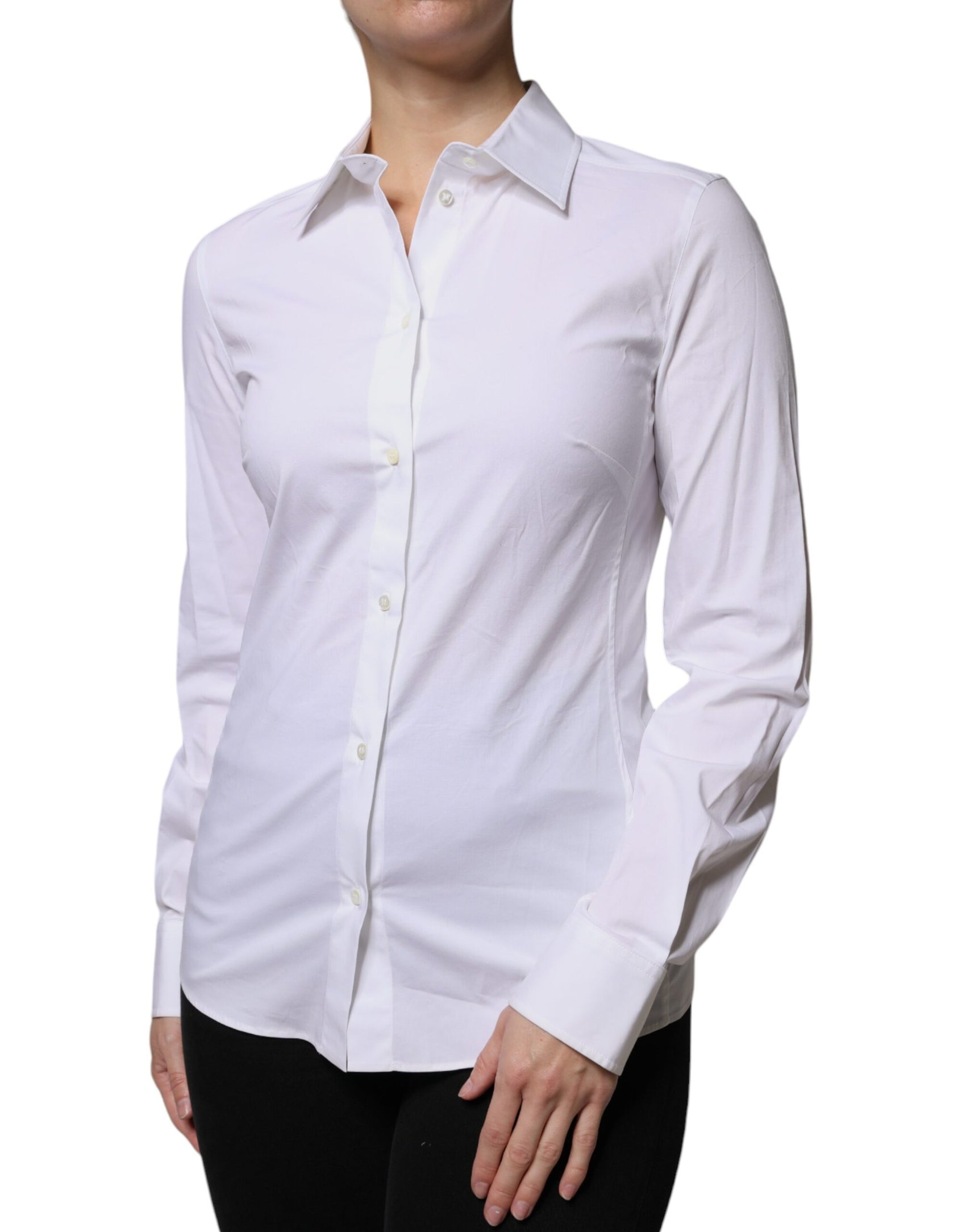 Top camicia a maniche lunghe con colletto in cotone bianco