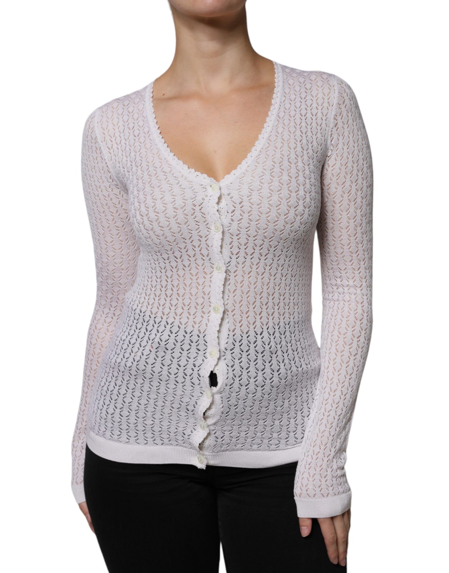 Maglione cardigan bianco in seta con bottoni