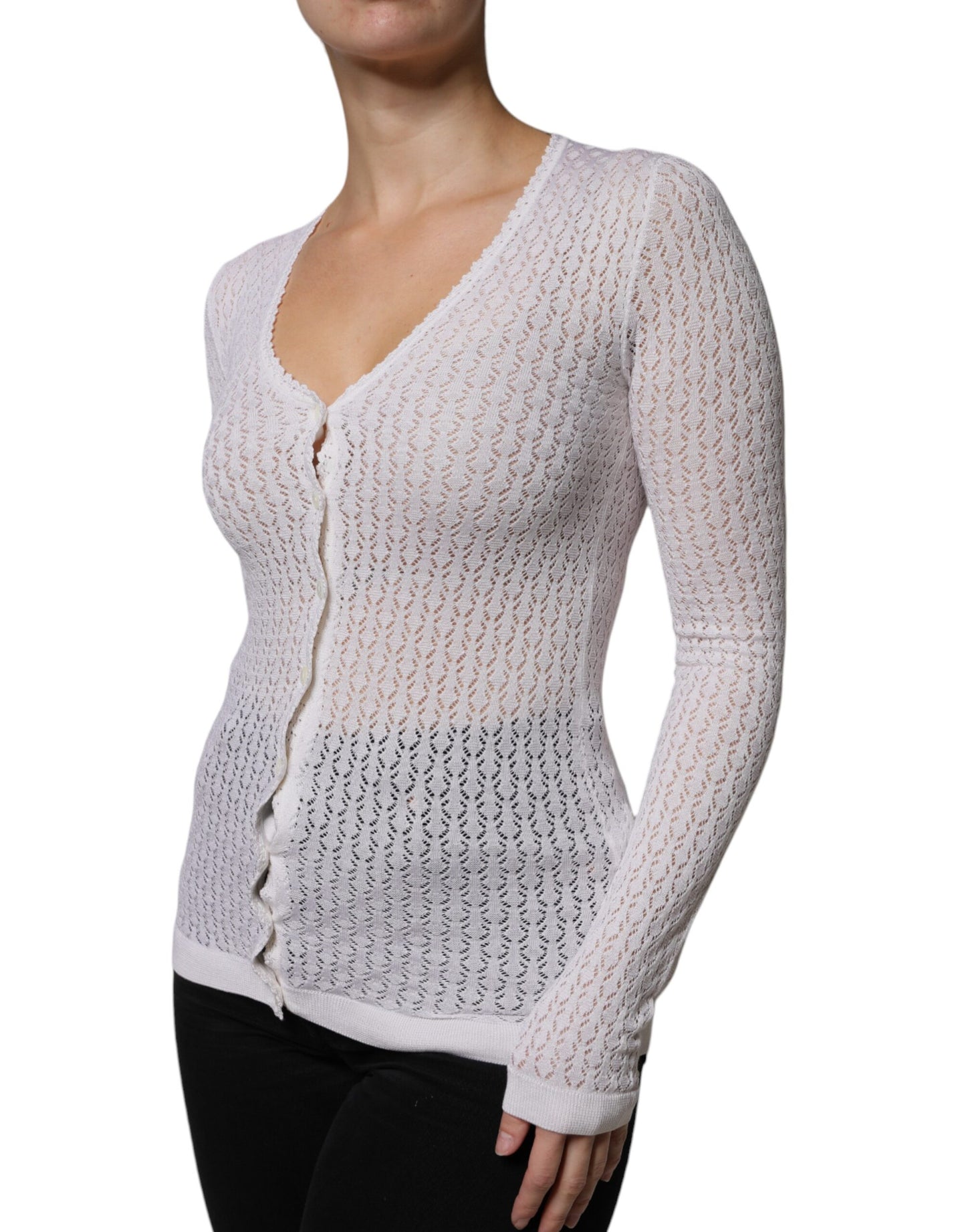Maglione cardigan bianco in seta con bottoni