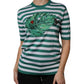T-shirt girocollo con foglie a righe bianche e verdi
