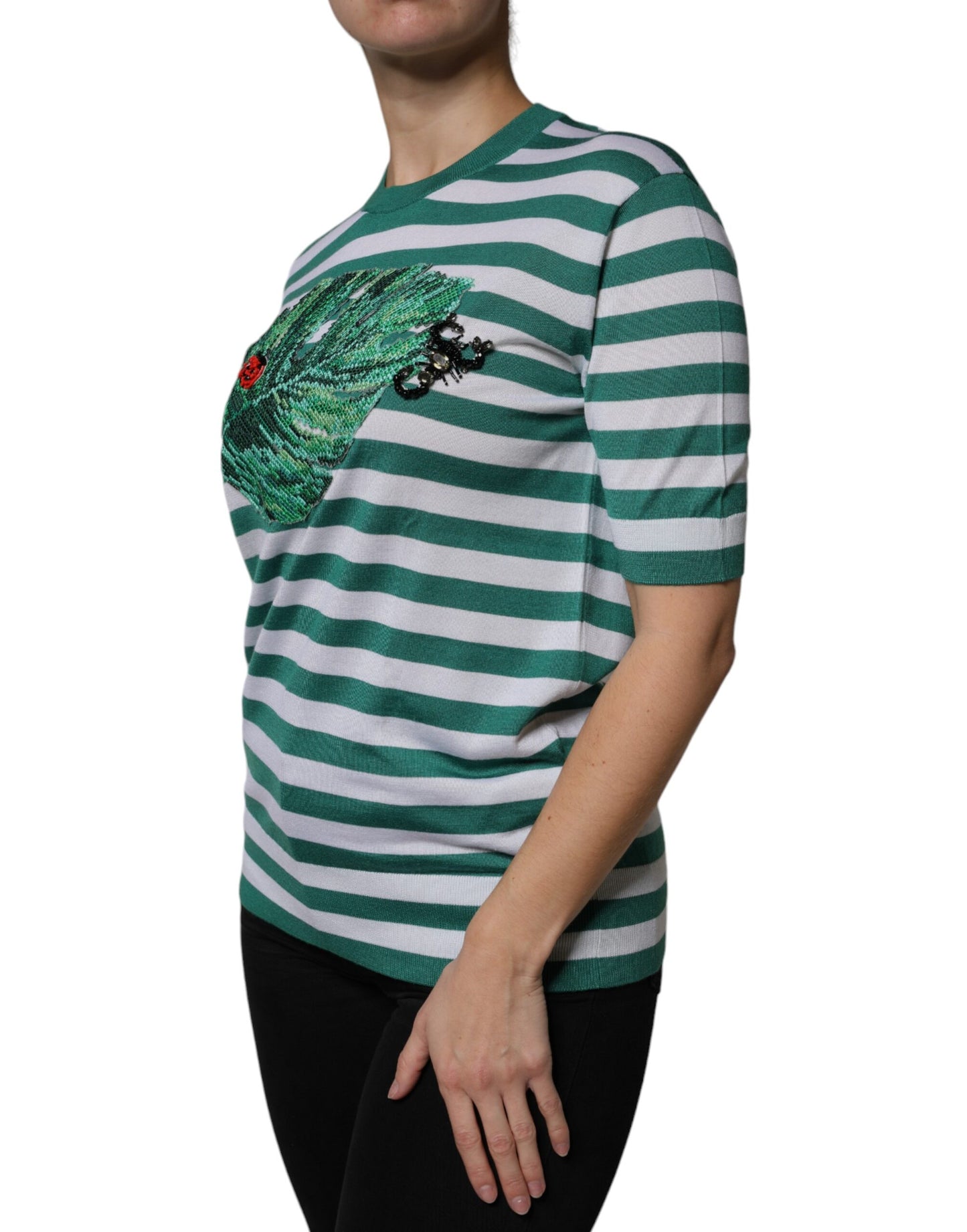 T-shirt girocollo con foglie a righe bianche e verdi