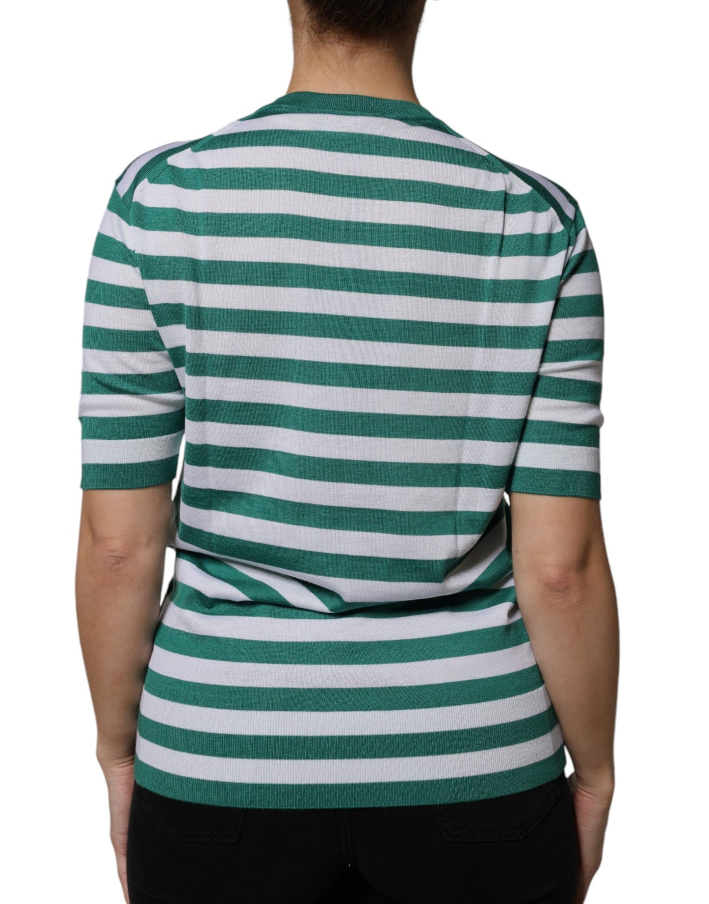 T-shirt girocollo con foglie a righe bianche e verdi