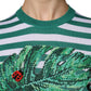 T-shirt girocollo con foglie a righe bianche e verdi