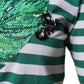 T-shirt girocollo con foglie a righe bianche e verdi