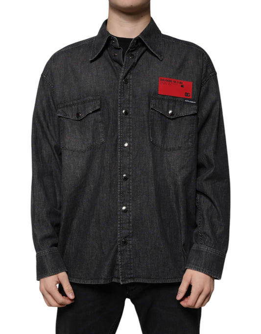 Schwarzes Button-Down-Jeanshemd aus Baumwolle mit Logo